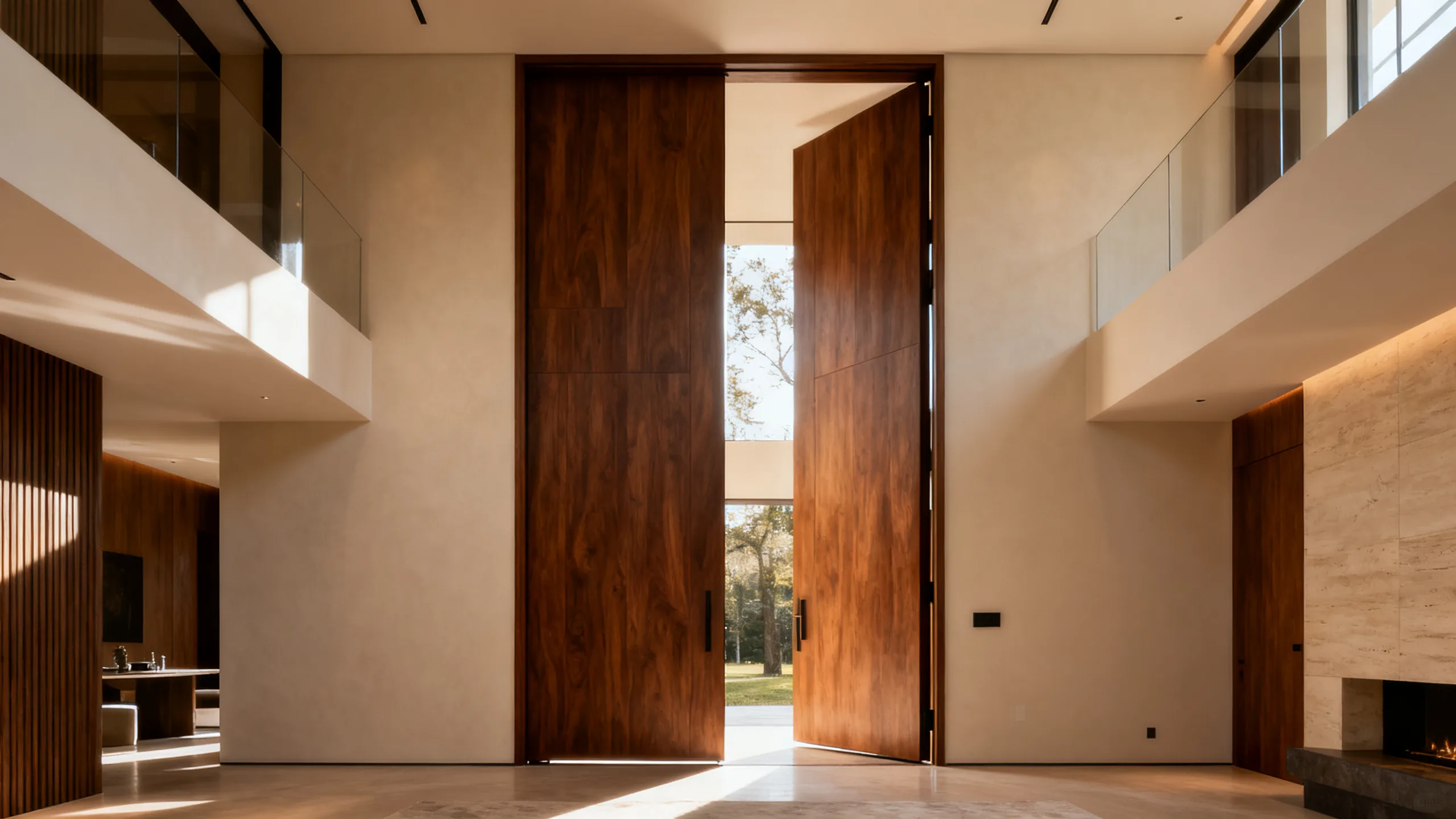 Oversized full-height walnut pivot door rotating open on concealed floor-spring hardware in luxury residence entrance