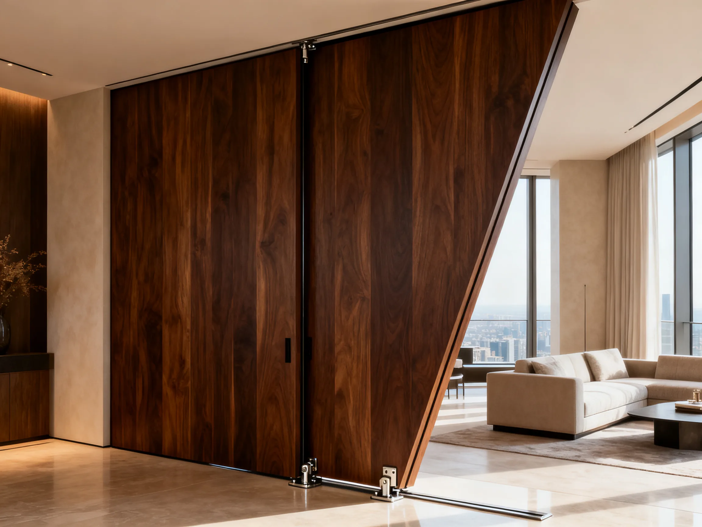 Full-height oak pivot door standing open at a balanced angle between entrance foyer and living space