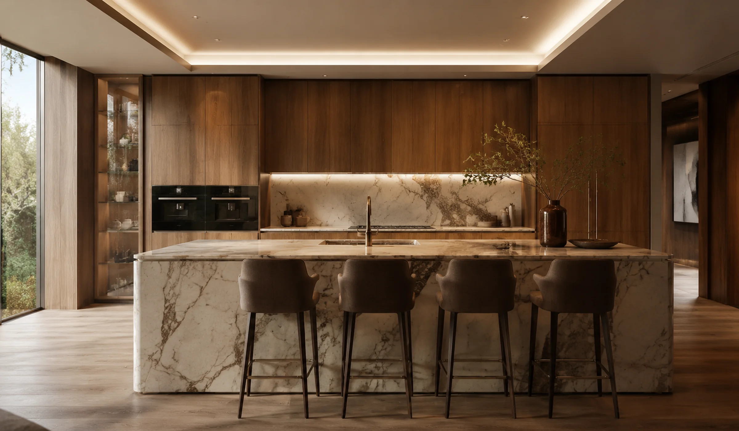 Premium custom kitchen with handle-less cabinetry and integrated stone island