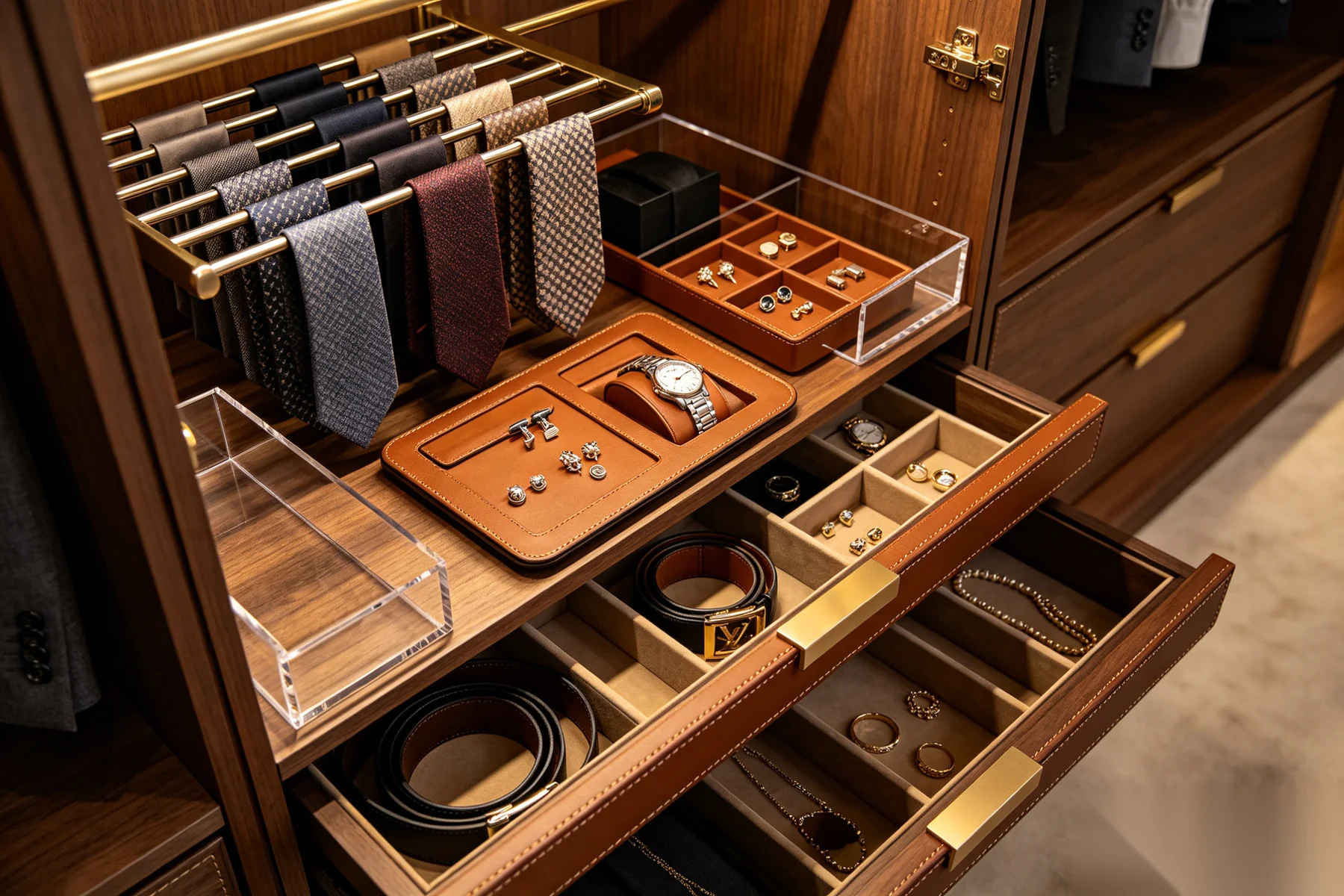 Luxury closet organization with jewelry drawers, watch storage, and designer handbag display