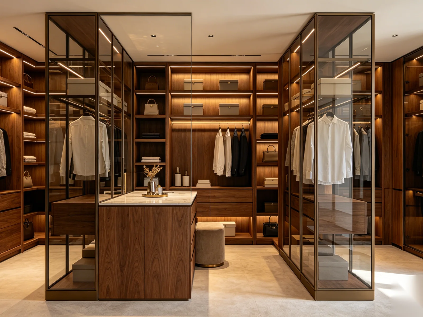 Custom walk-in closet with mixed materials and tailored storage layout