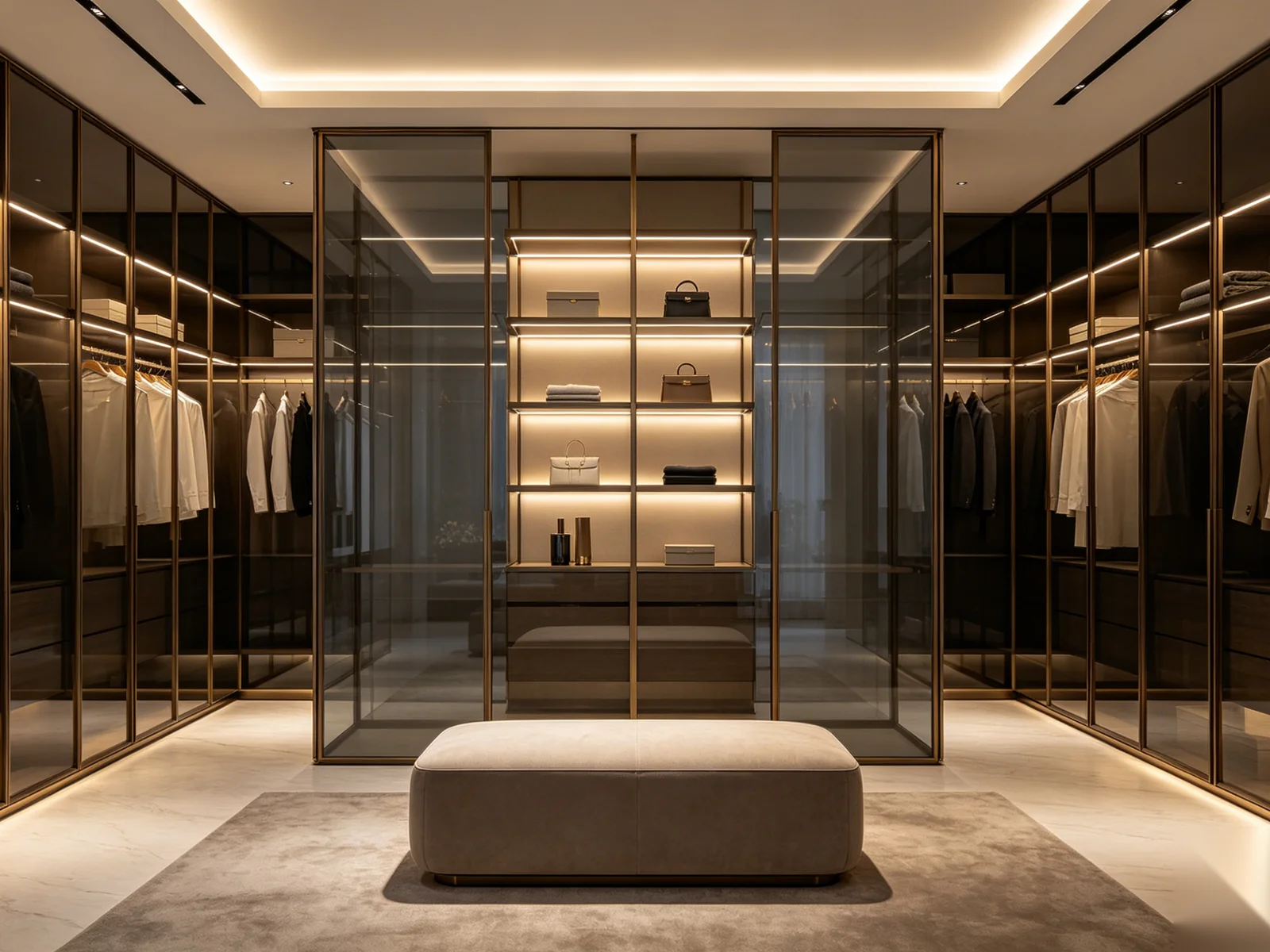 Glass walk-in closet with smoked glass systems and bronze framing