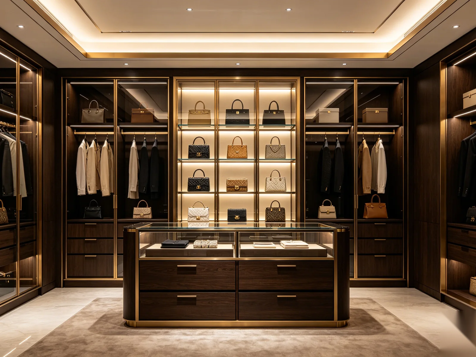 Luxury walk-in closet with dark walnut cabinetry and champagne bronze detailing