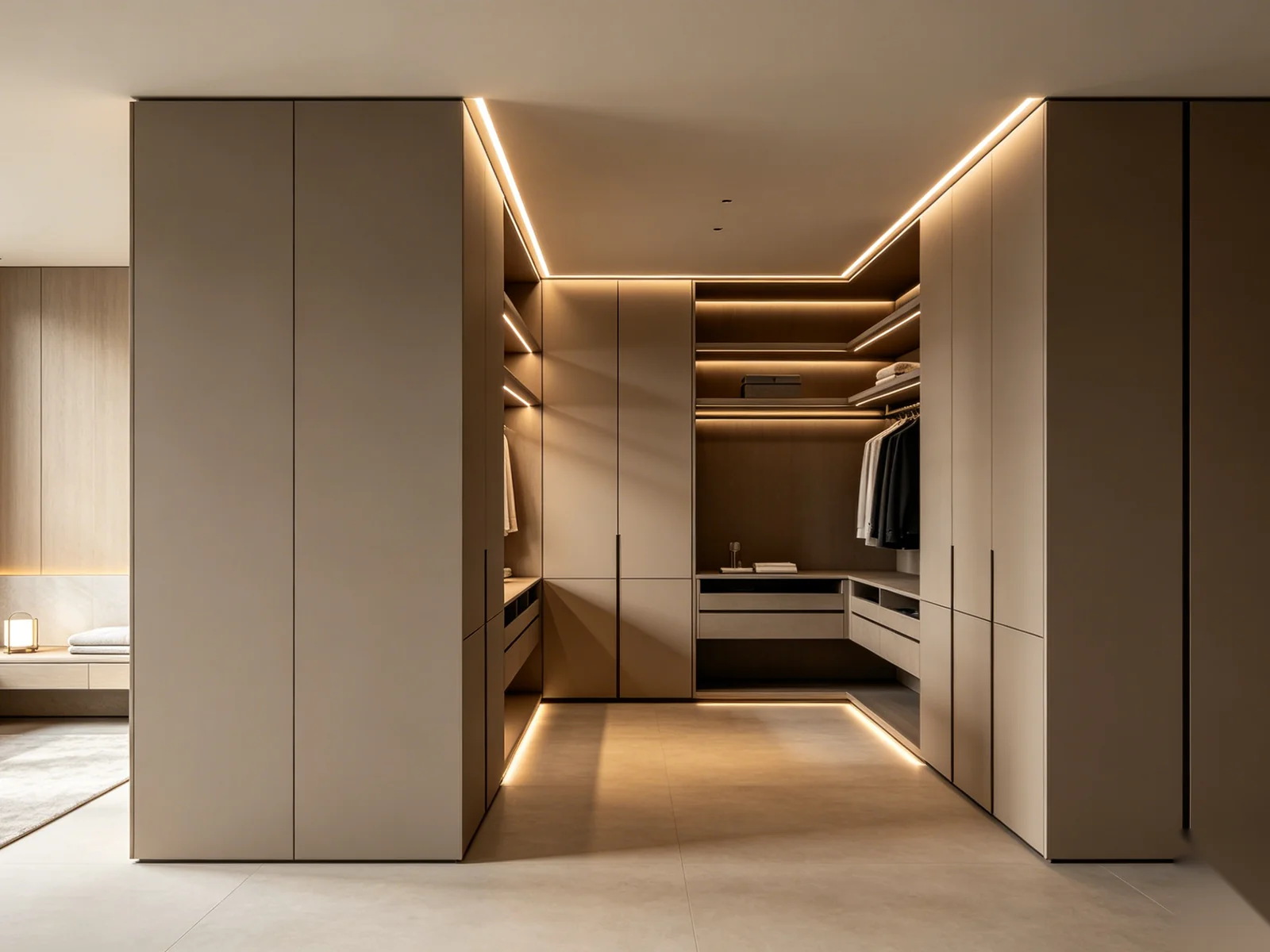 Modern walk-in closet with taupe cabinetry and integrated LED lighting