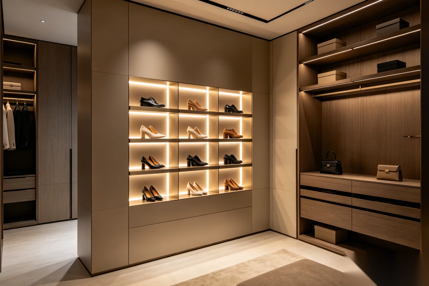 Luxury dressing room with designer wardrobe display and architectural interior lighting