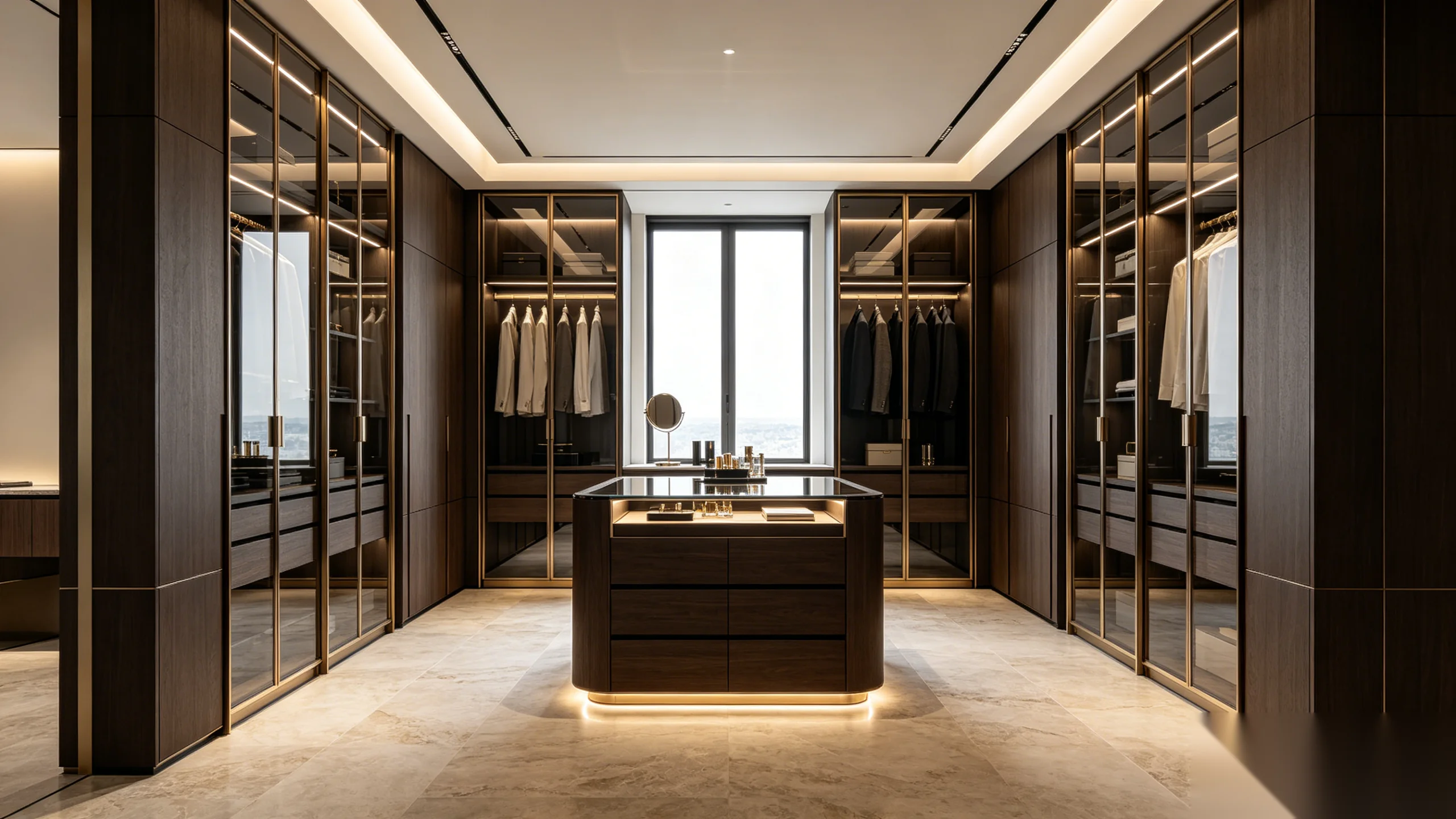 Ultra-premium luxury walk-in closet suite with dark walnut cabinetry, smoked glass display, and central dressing island