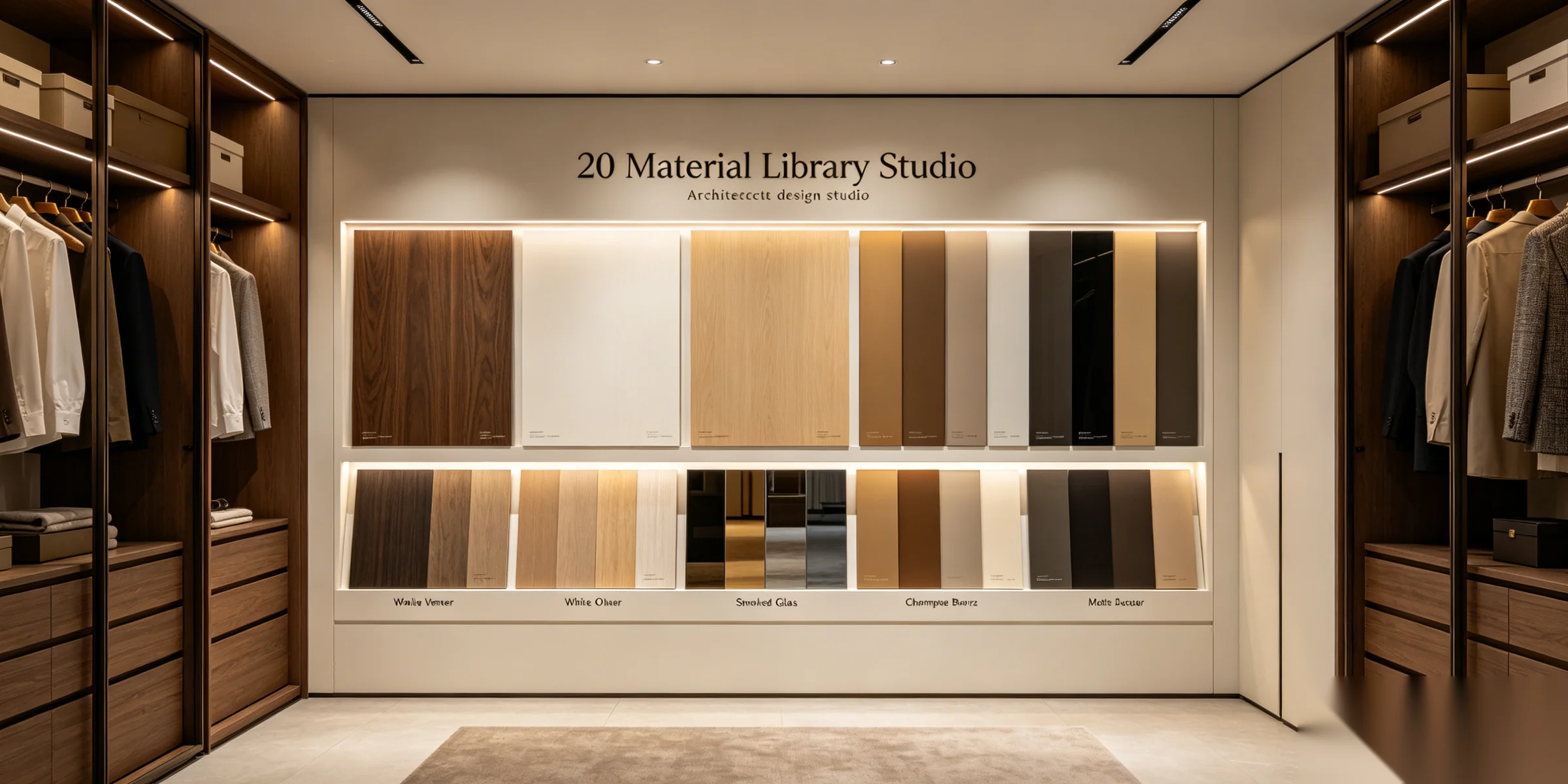 Luxury closet material library showing walnut veneer, white oak, smoked glass, and champagne bronze samples