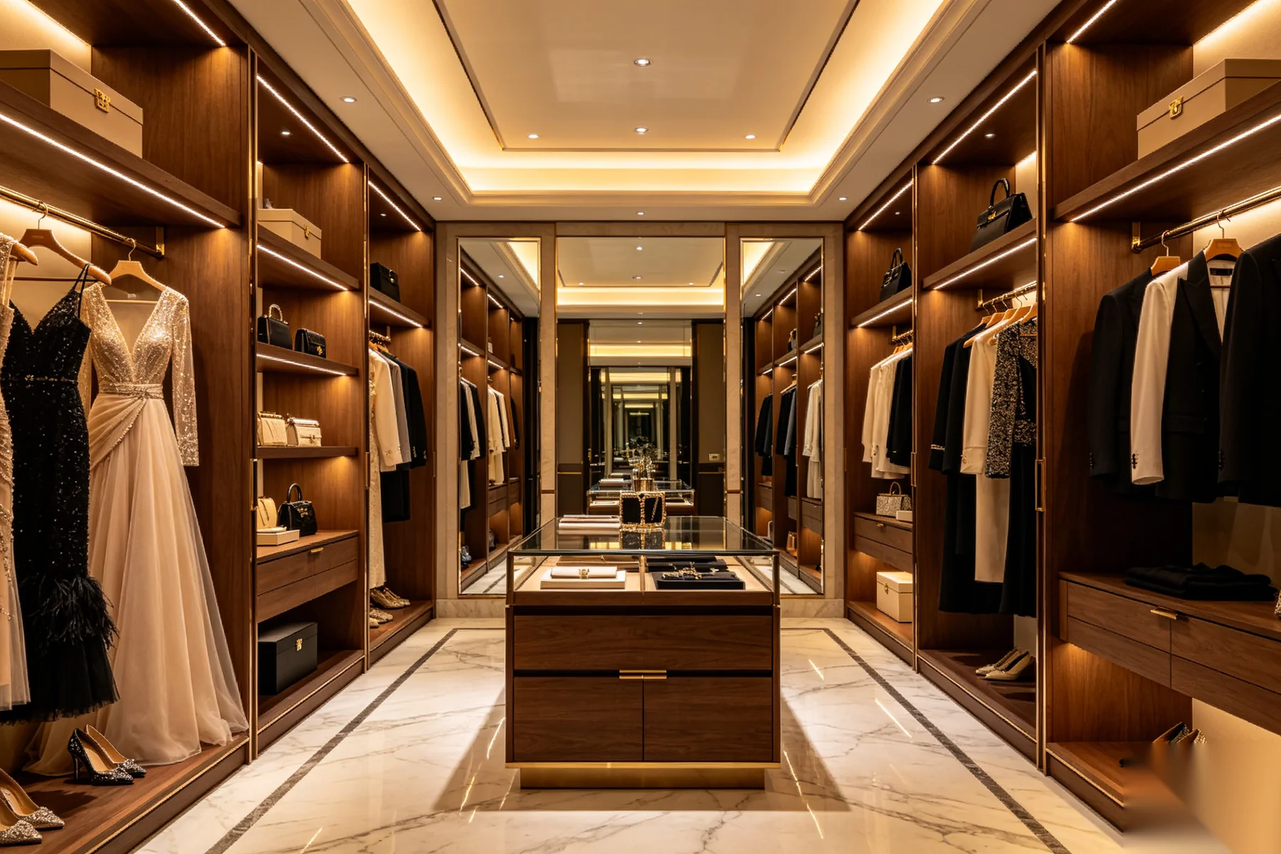 Luxury walk-in closet detail with walnut cabinetry, integrated LED lighting, and glass shelving