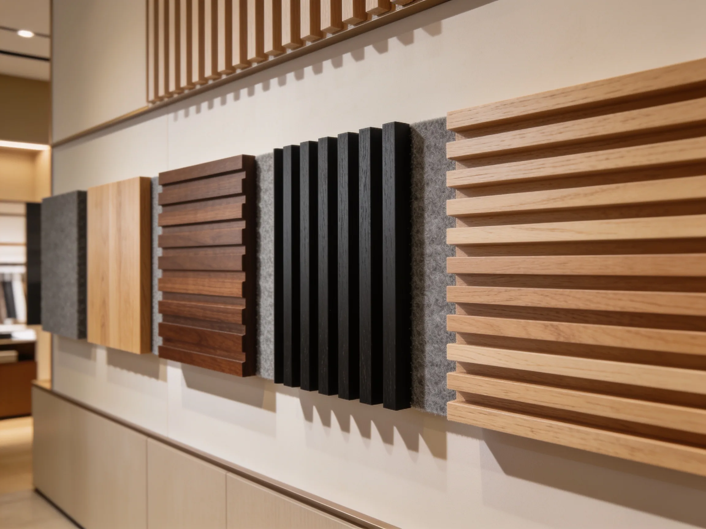 Acoustic wall panel finish library showing oak, walnut, and black ash slats paired with grey, charcoal, and anthracite felt colours