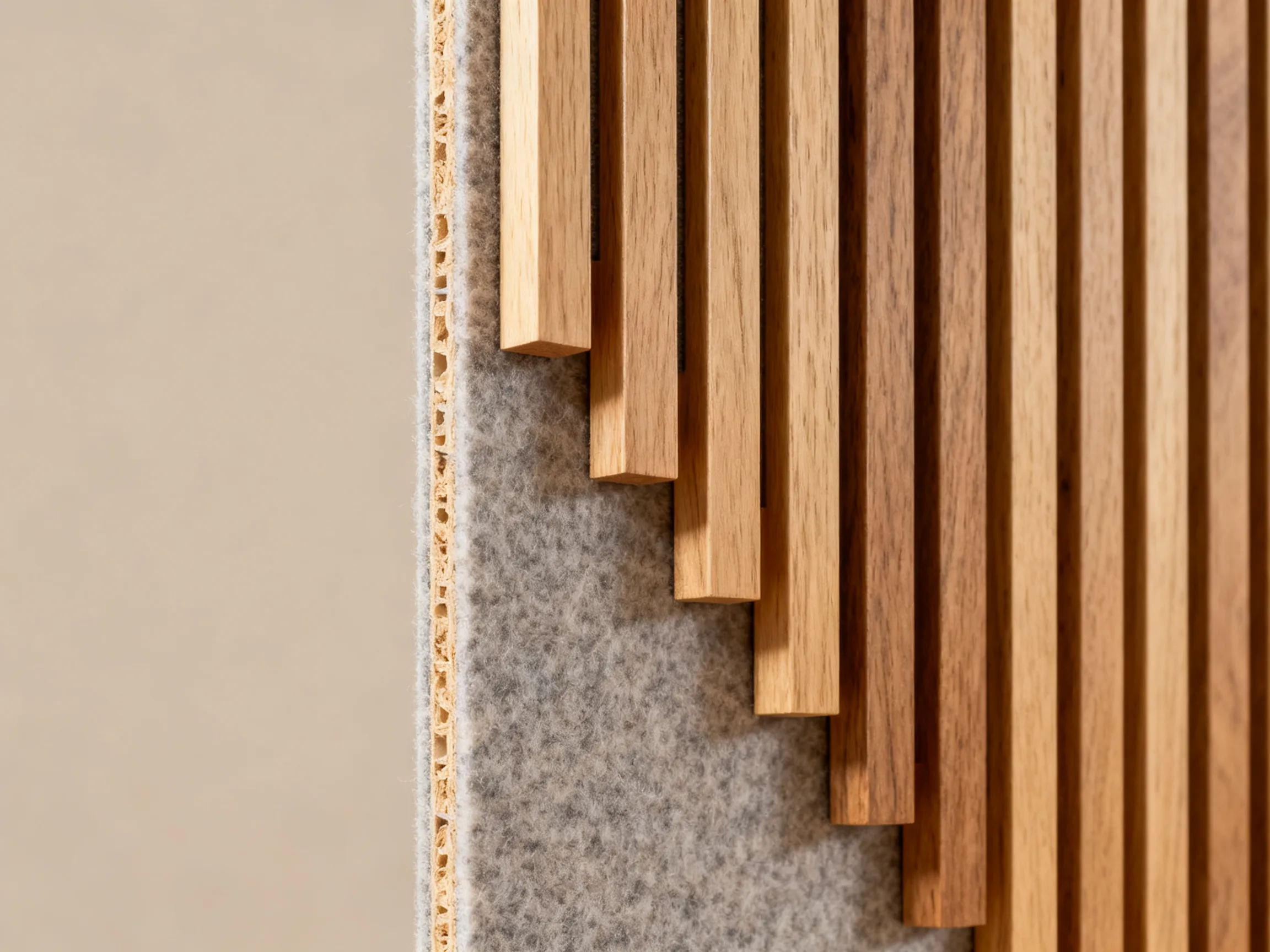 Close-up of acoustic wall panel construction showing wood veneer slats bonded to a felt acoustic backing board