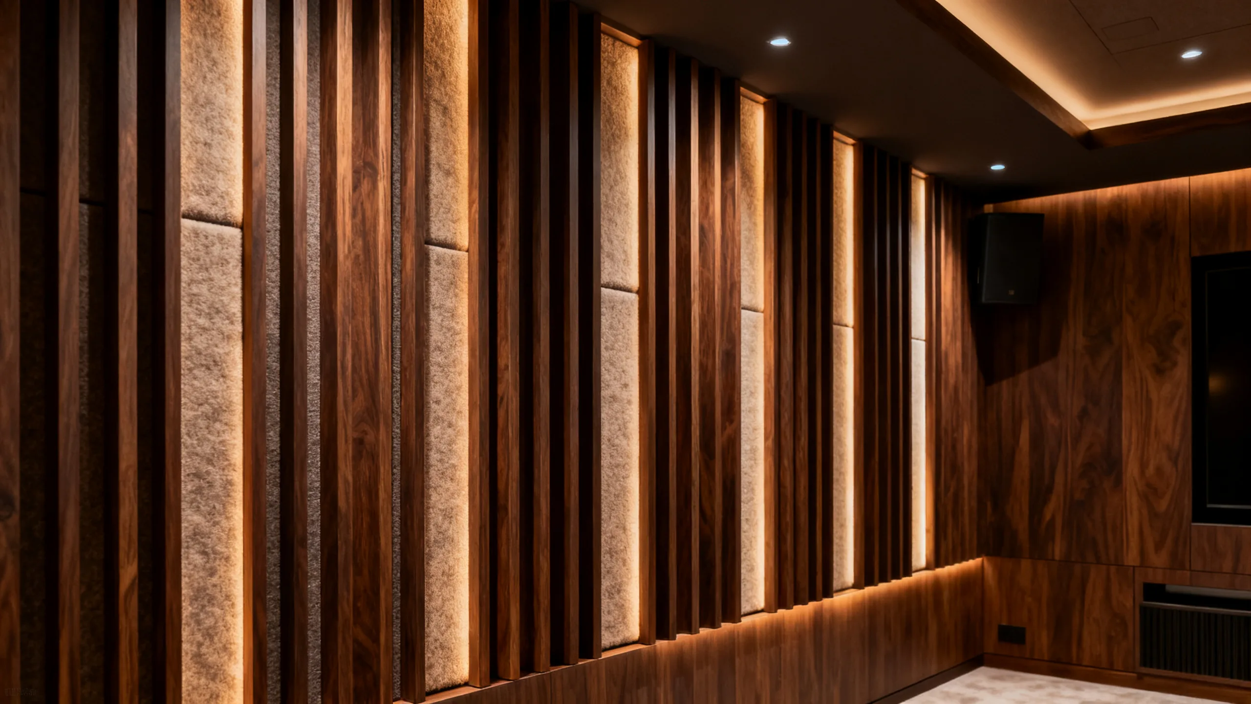 Wood slat acoustic wall panels in oak veneer spanning a home theatre wall, with felt-backed timber battens absorbing sound behind a wide screen