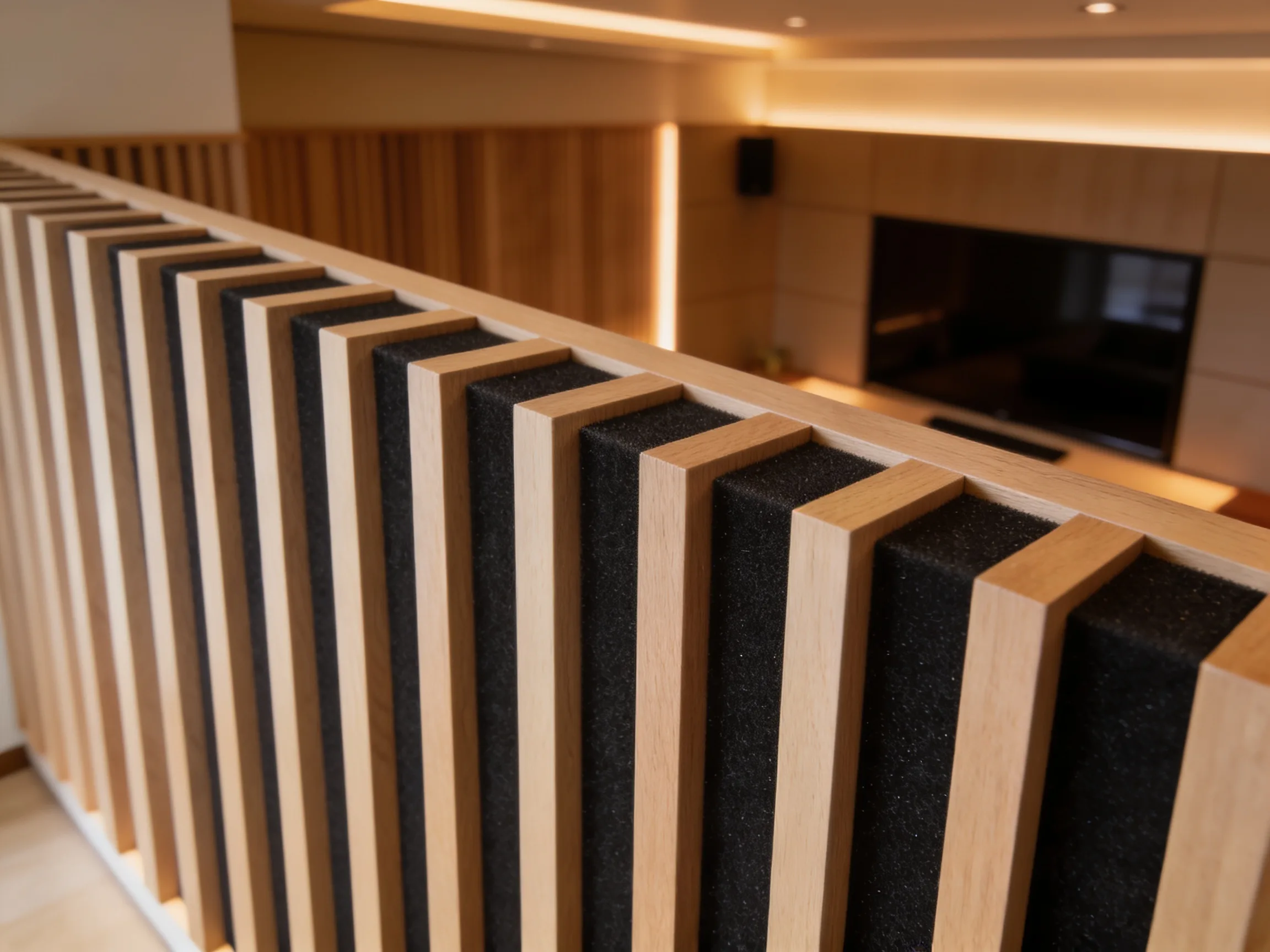 Acoustic wall panel feature wall in a meeting room, walnut slats over dark felt softening sound while framing the space