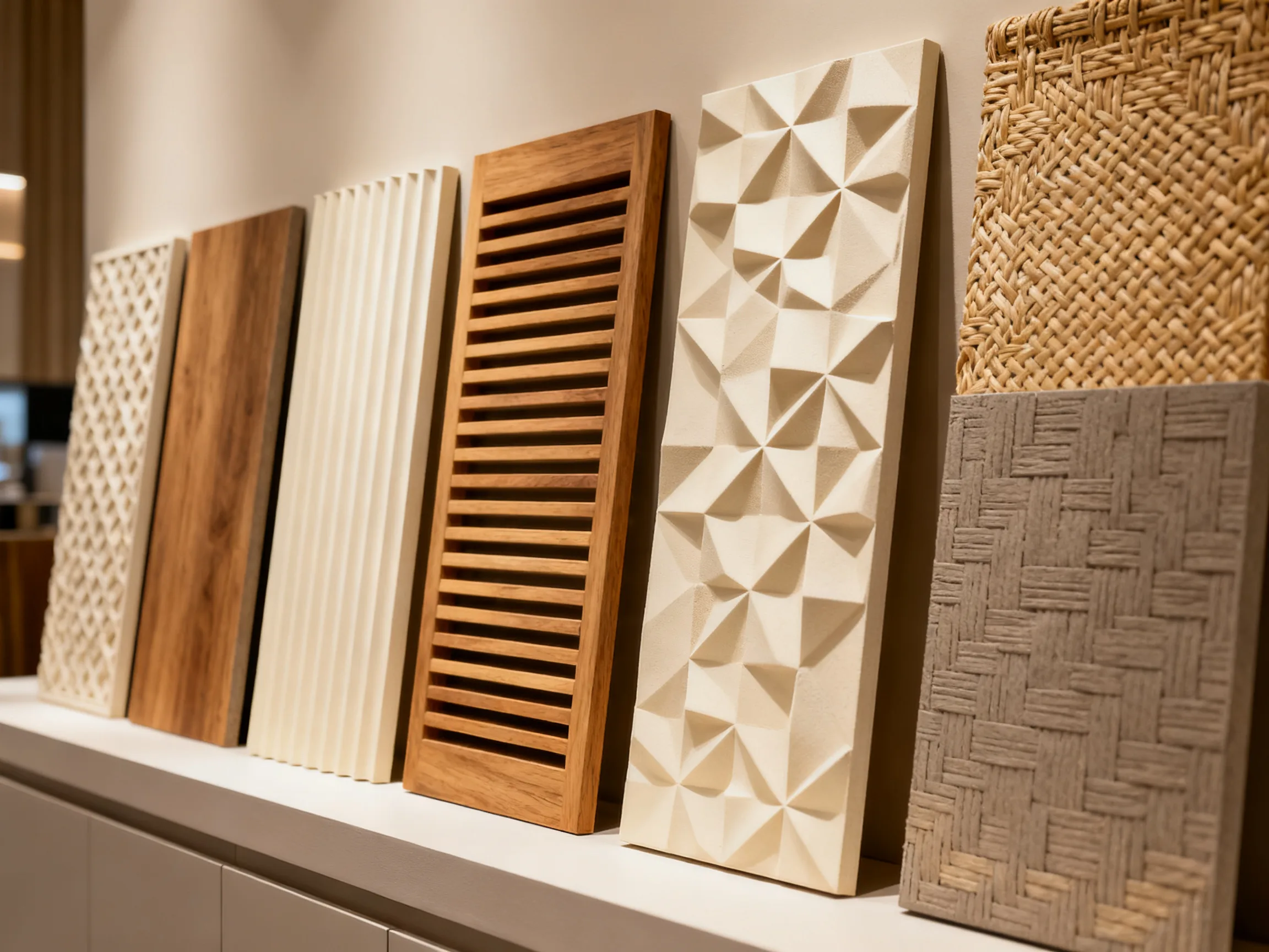 Decorative wall panel finish library showing cream, oak, and taupe tones across fluted, slatted, geometric, and woven textures