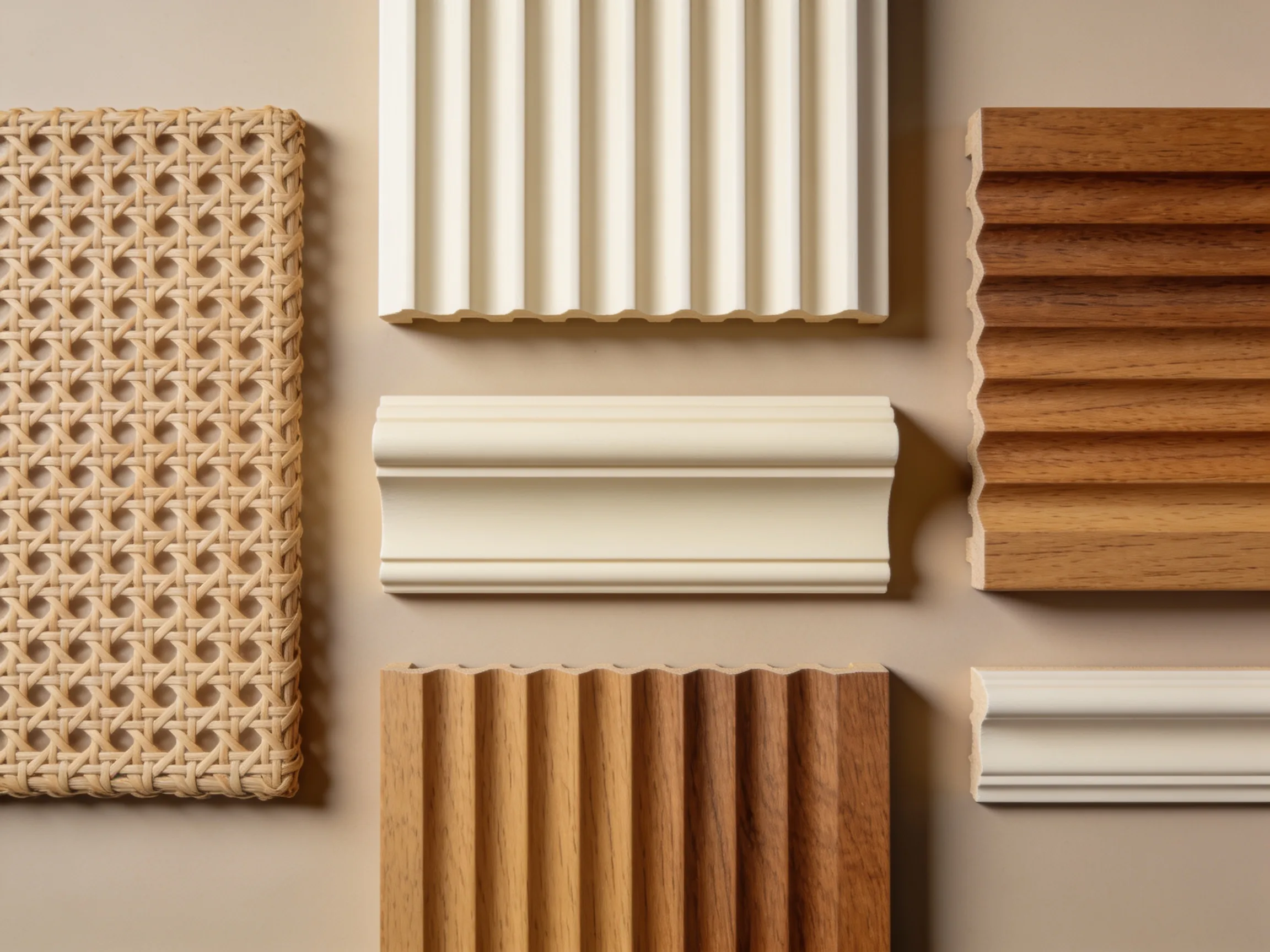 Close-up of a CNC-milled fluted decorative panel showing crisp profile relief and matte wood-tone finish