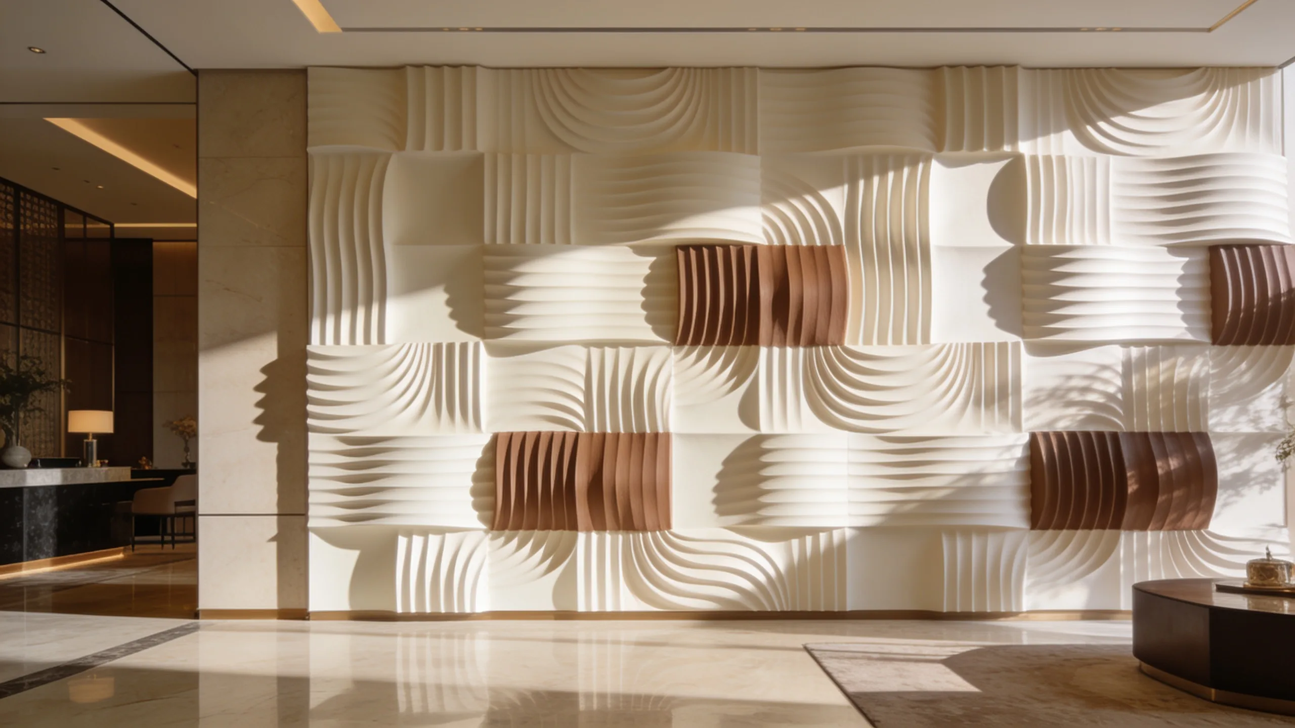 Sculptural decorative feature wall with vertical 3D fluted wood-finish panels and warm grazing light in a contemporary interior