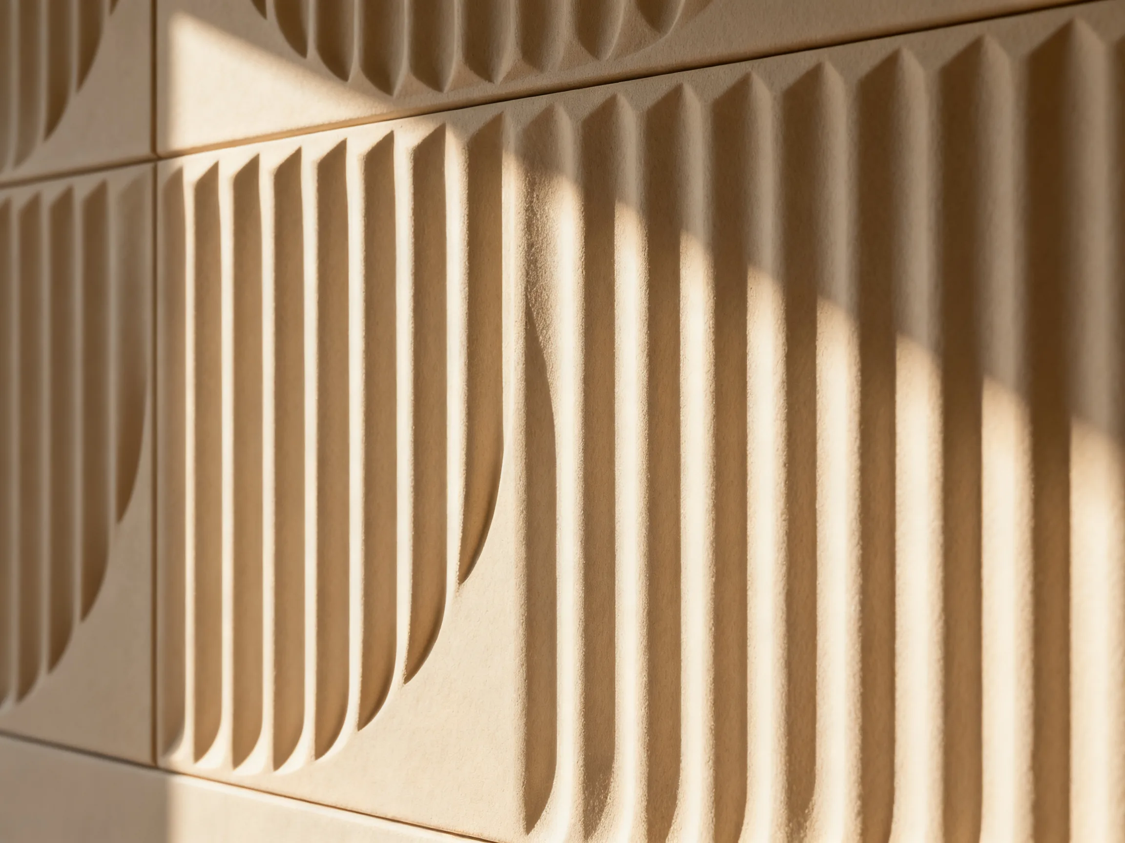 Decorative feature wall combining fluted and geometric textured panels in a contemporary living space