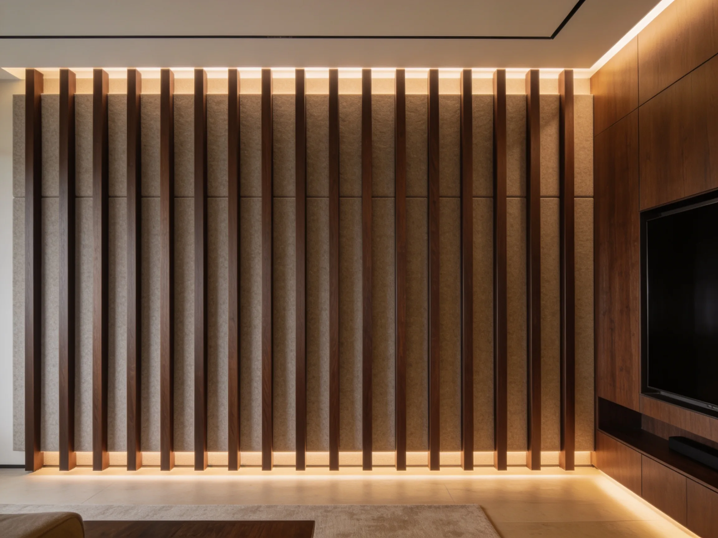 Acoustic wood-slat panel backed with felt for sound absorption