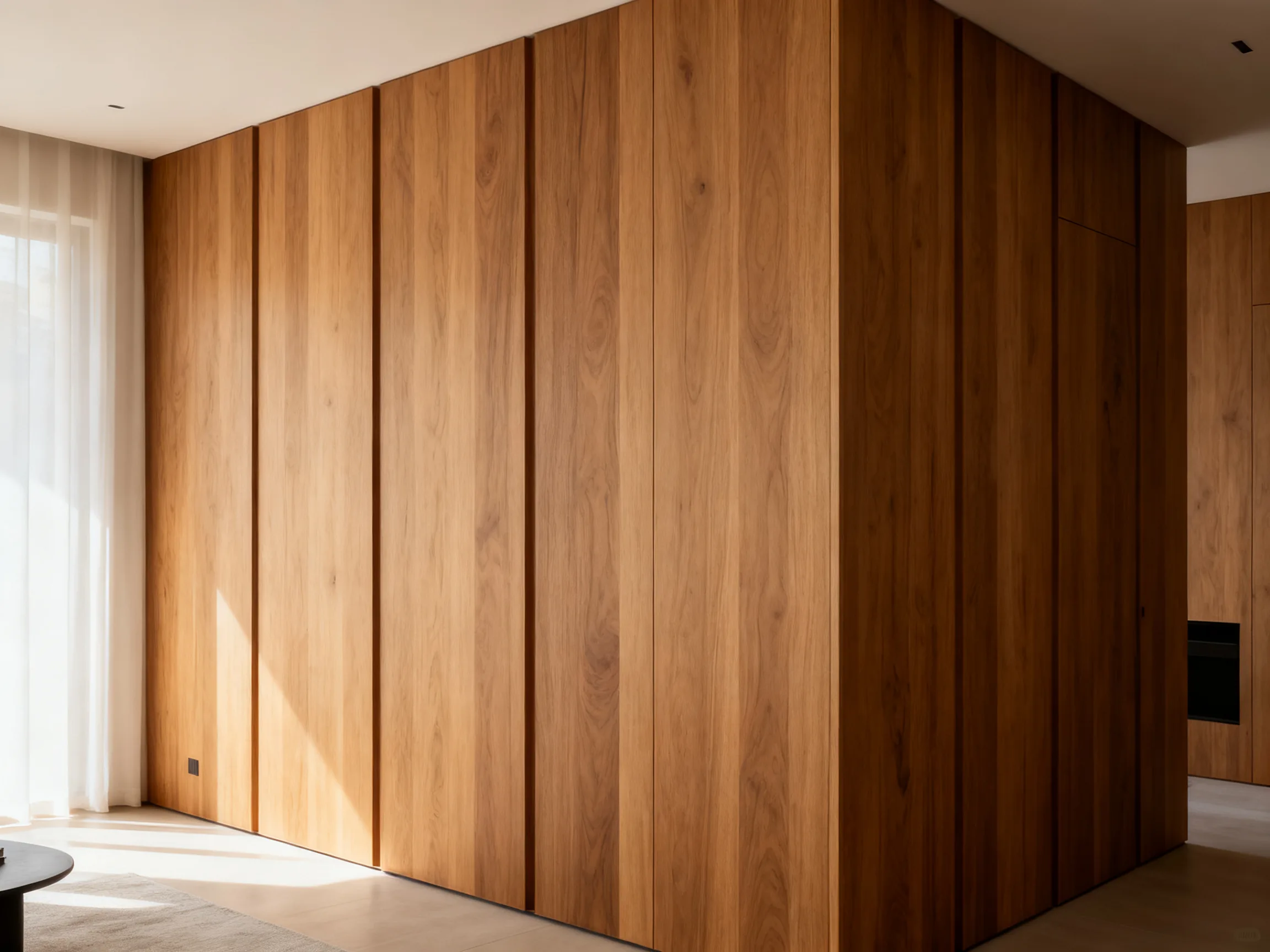 Slatted wood wall panel in natural walnut veneer with vertical battens