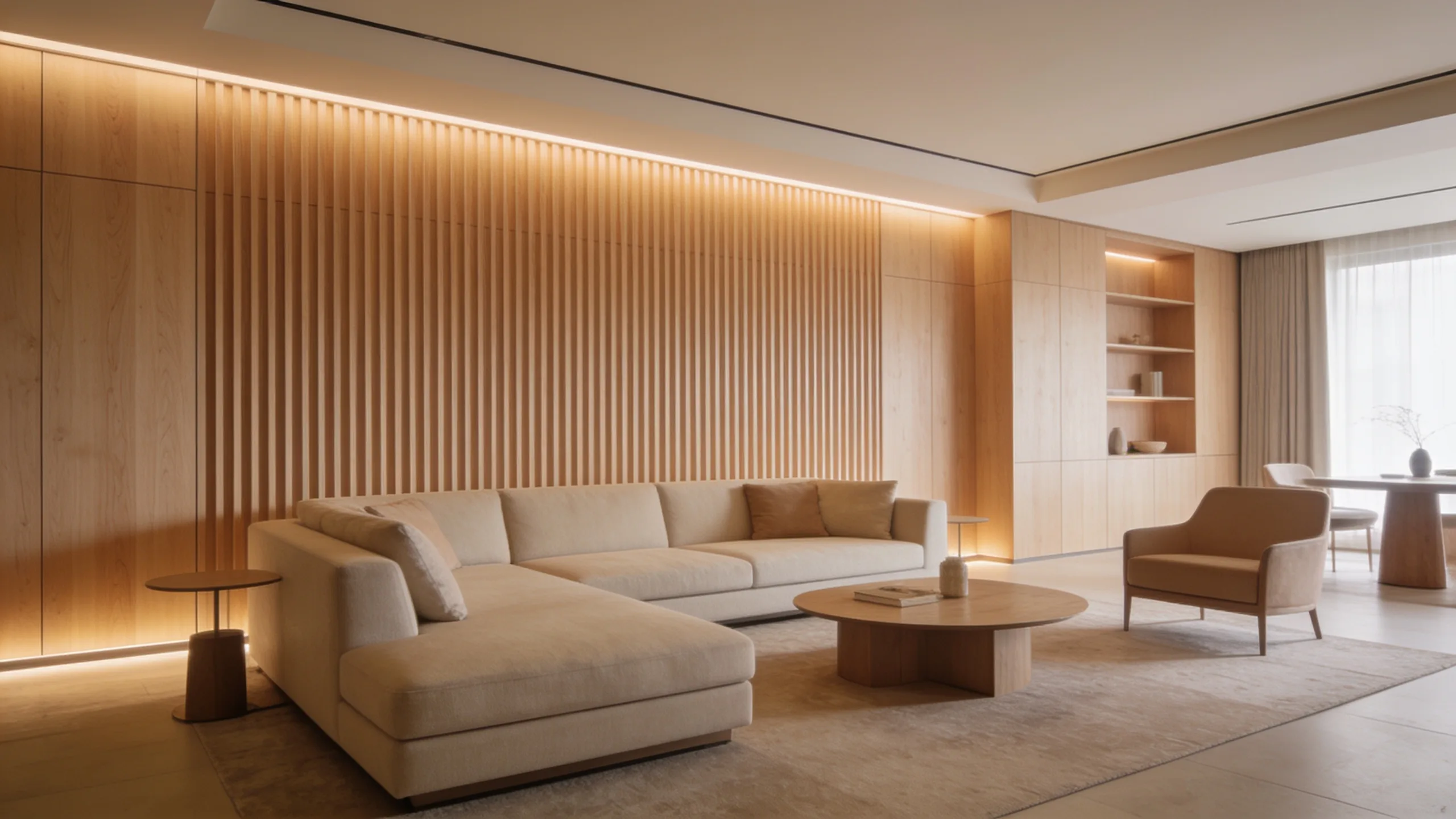 Premium interior with full-height slatted wood wall panels running continuously into matching cabinetry and doors