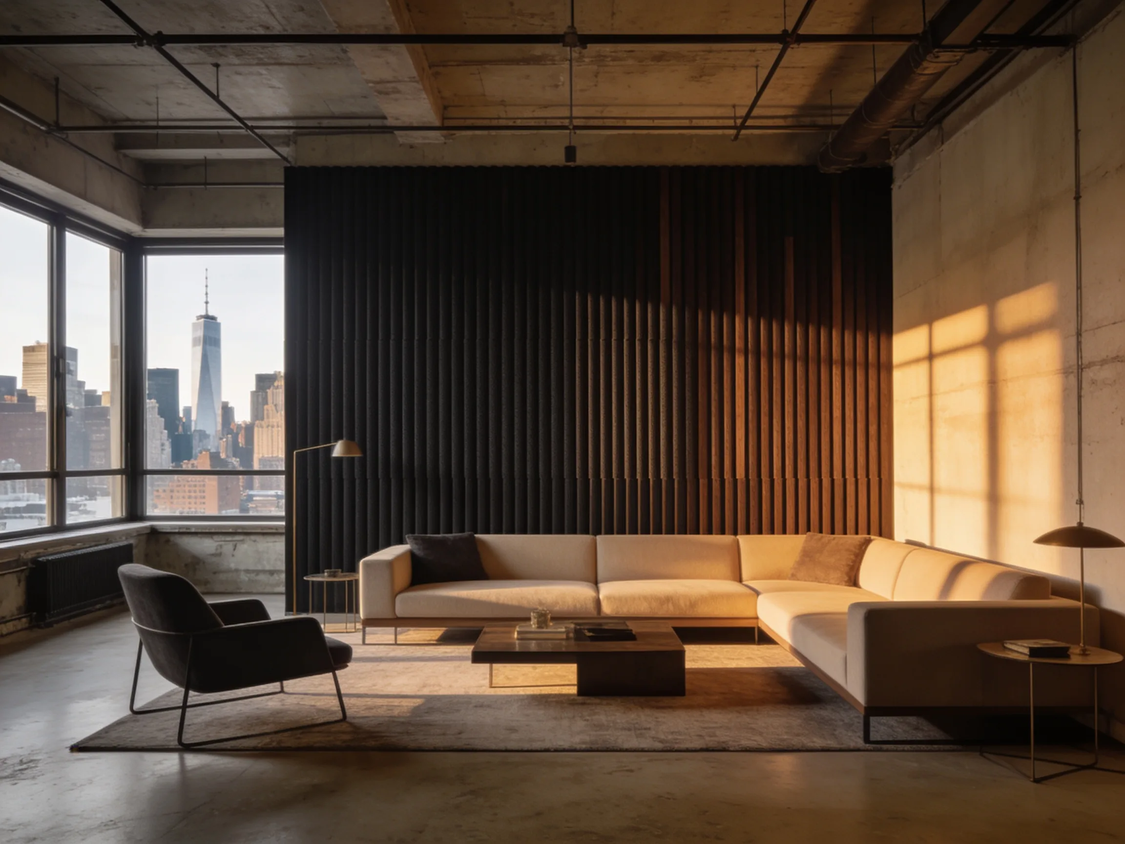 New York studio with felt-backed acoustic wood slat panels controlling reflections in a listening room