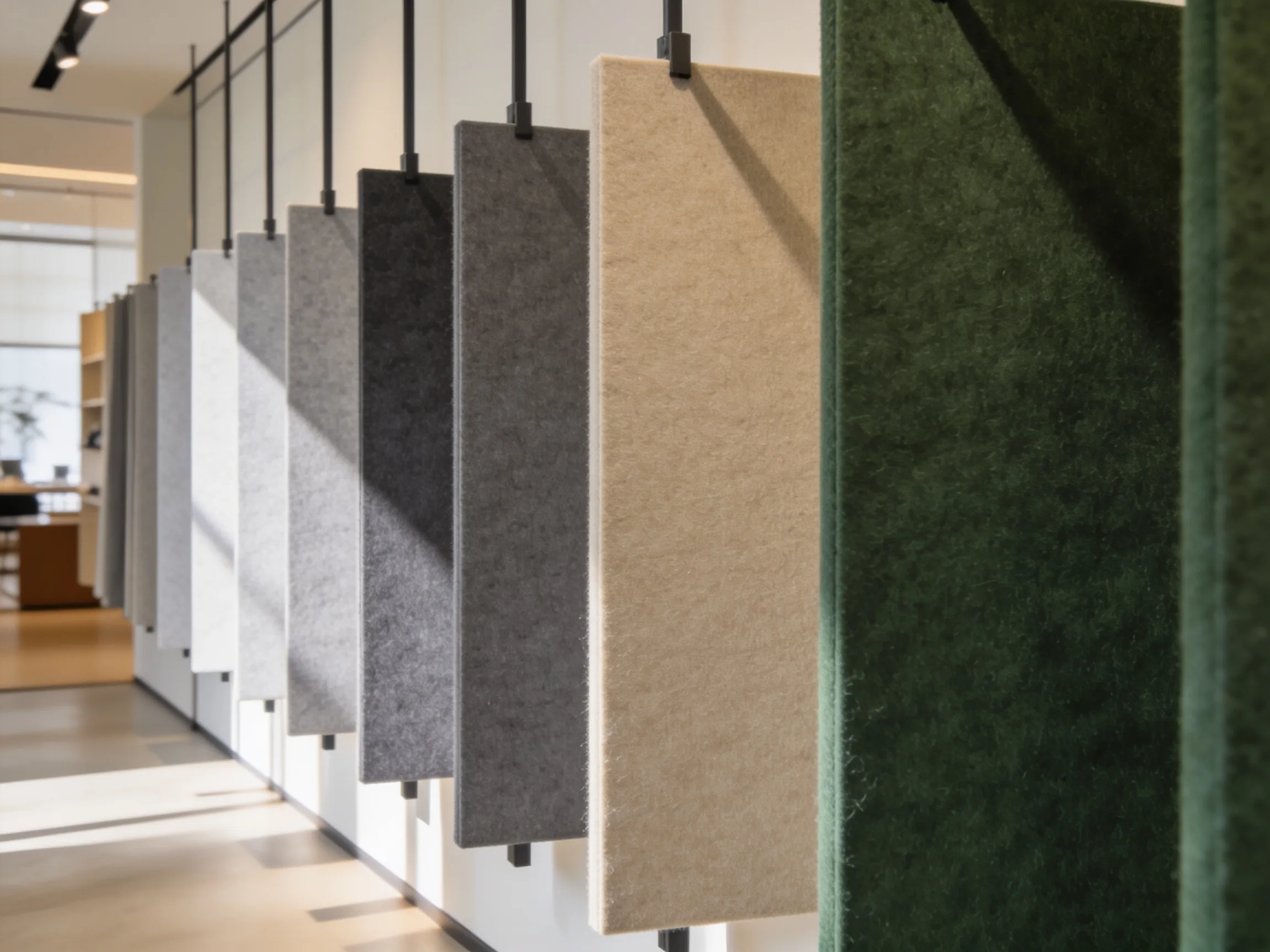 PET felt acoustic wall panels in light grey, charcoal, beige, and forest green across an office wall