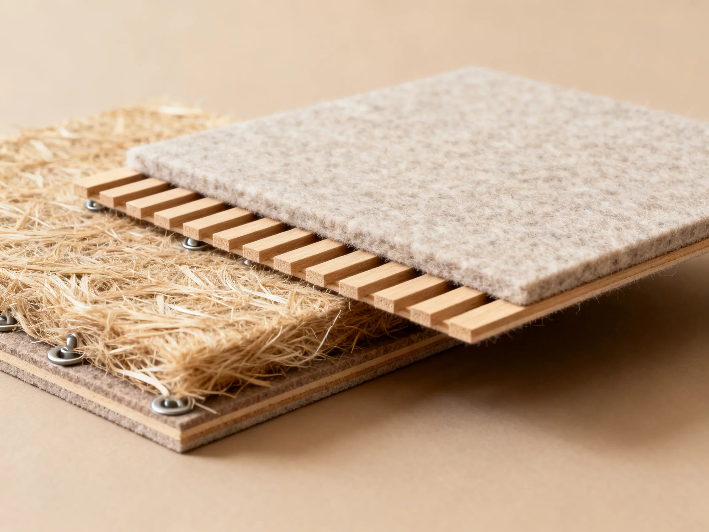PET felt wall panel construction detail showing polyester felt substrate with wood slat facing and edge profile