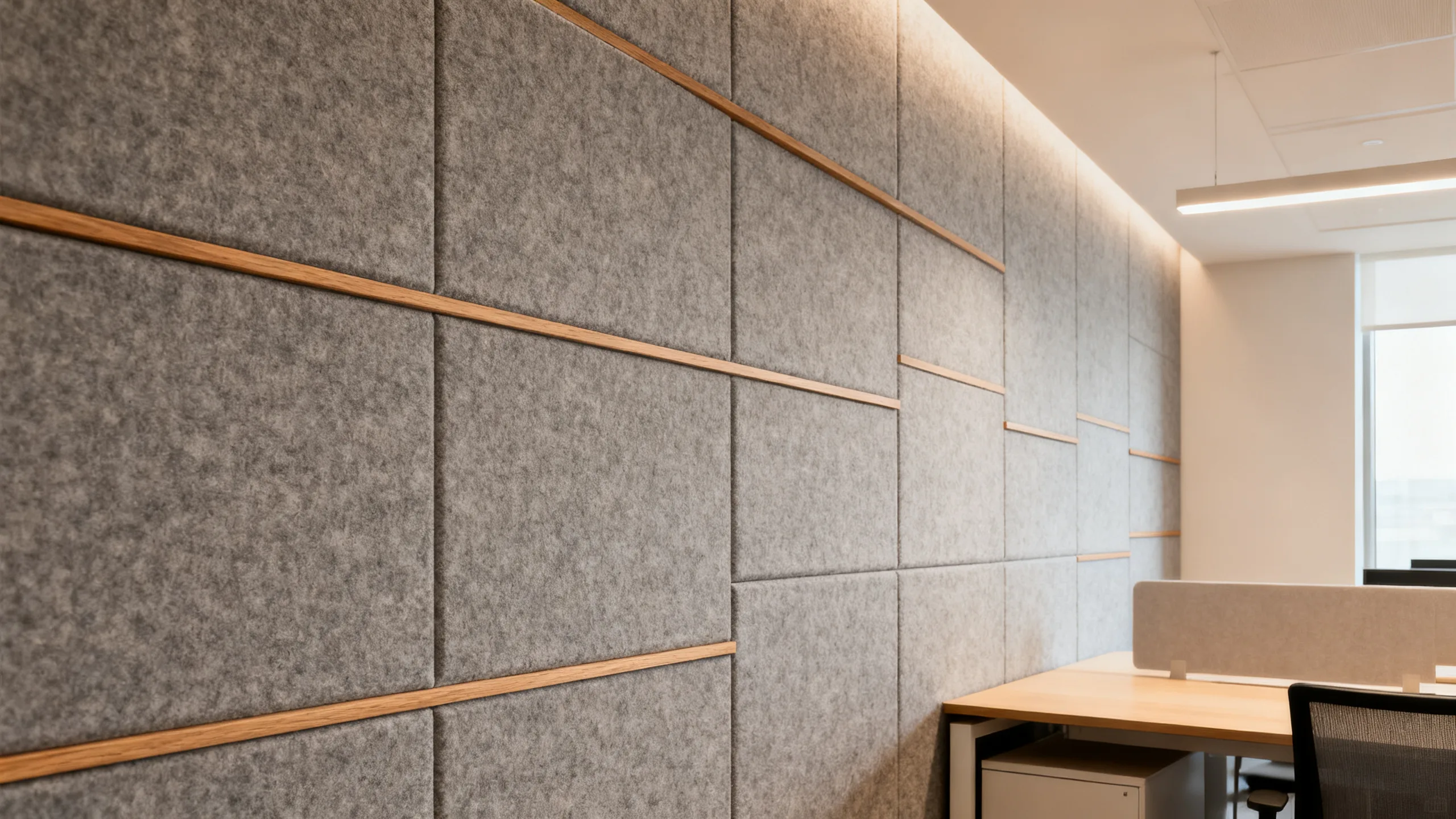PET felt acoustic wall panels in recycled polyester with vertical wood slat facing in a modern office interior