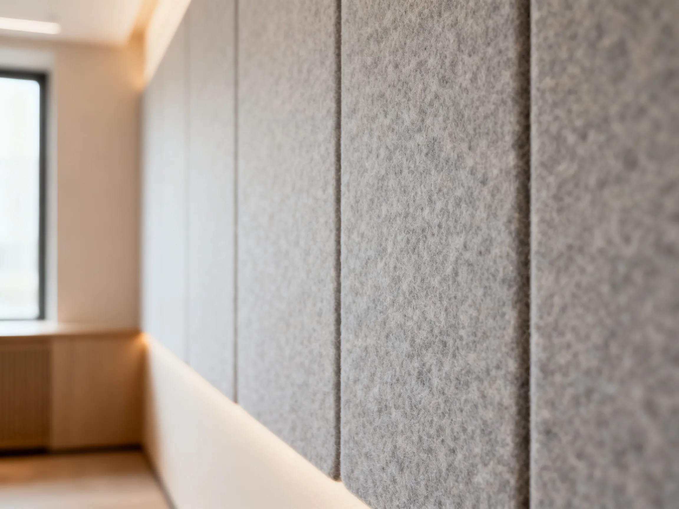 Close-up of recycled PET polyester felt acoustic wall panel texture in charcoal grey