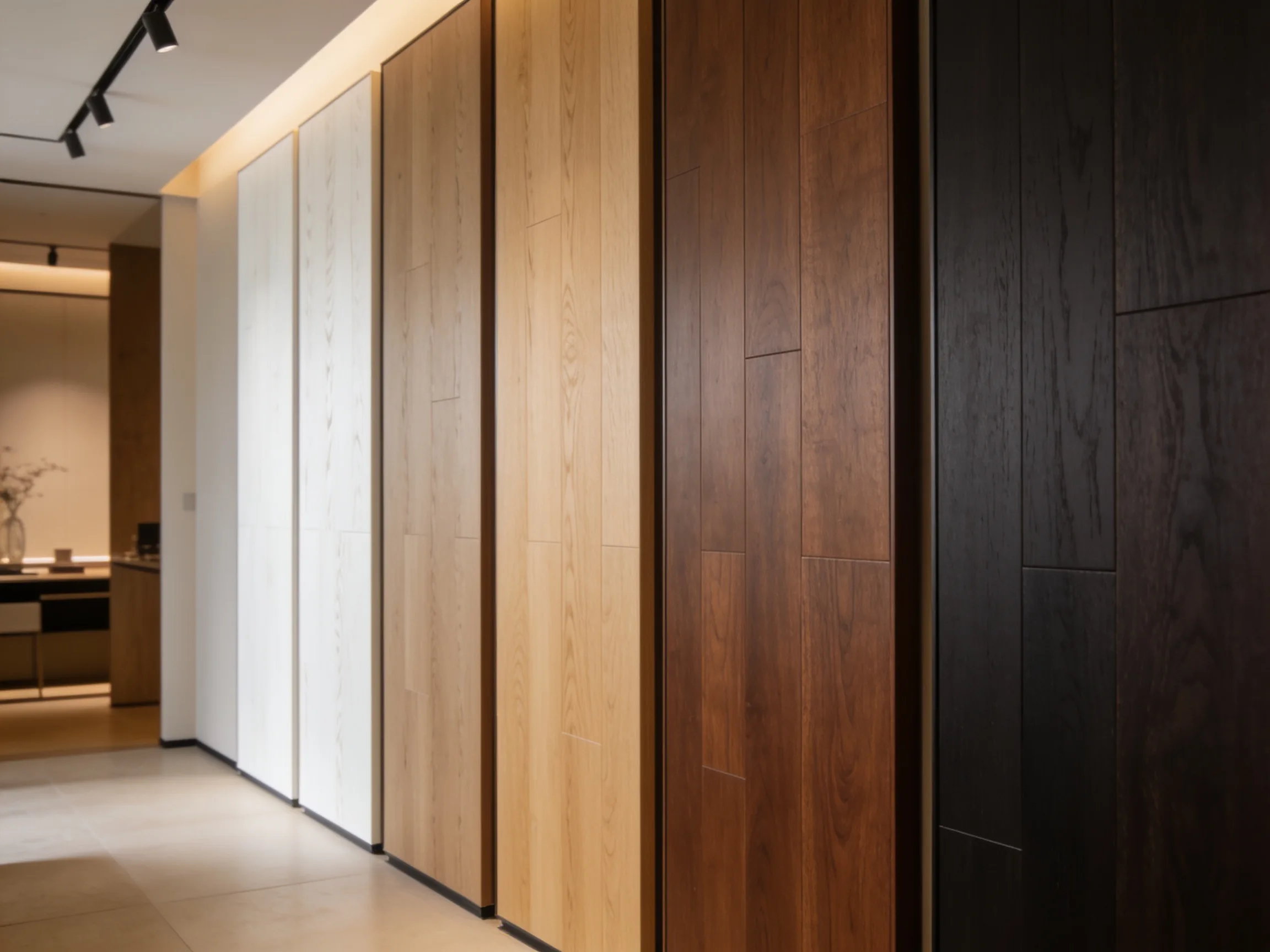 Wood wall panel veneer library showing white oak, natural oak, walnut, and smoked oak finishes side by side