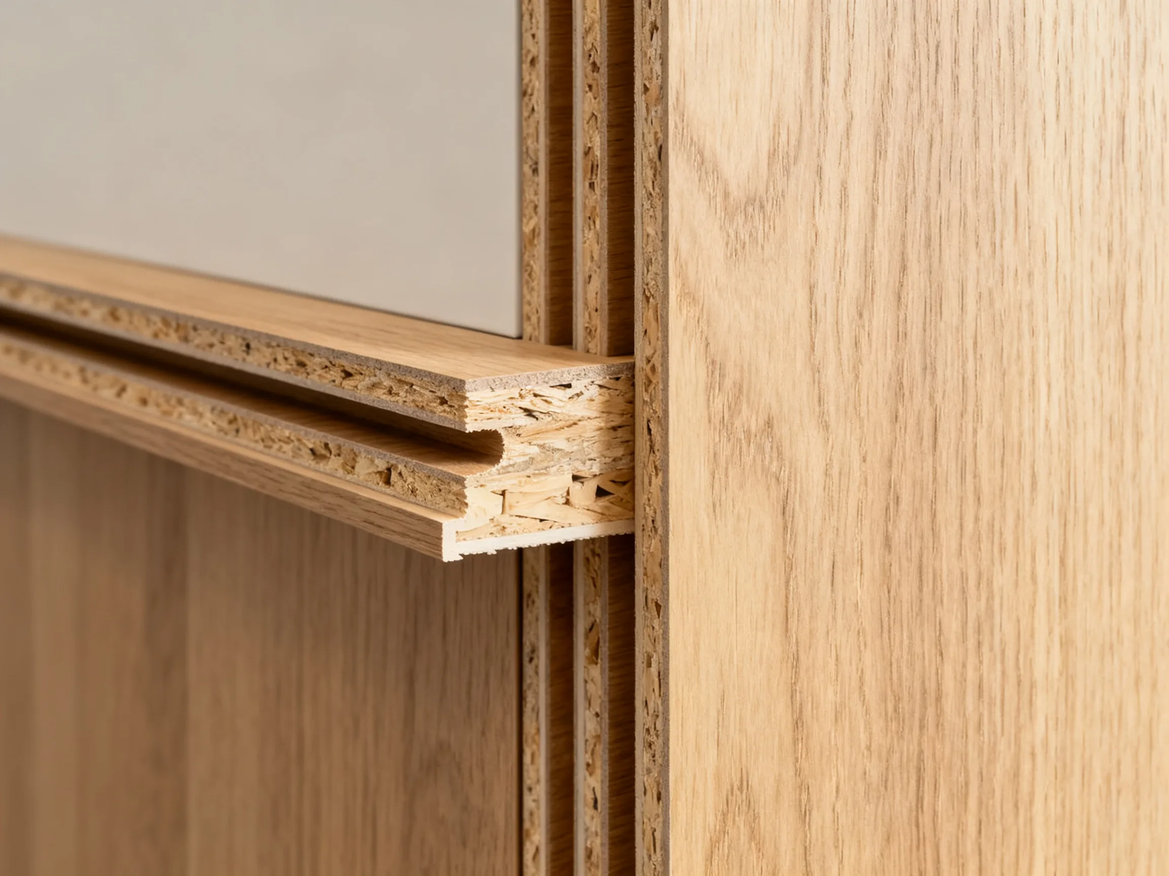 Close-up of vertical oak slat wood wall panel showing real veneer grain, batten profile, and engineered backing