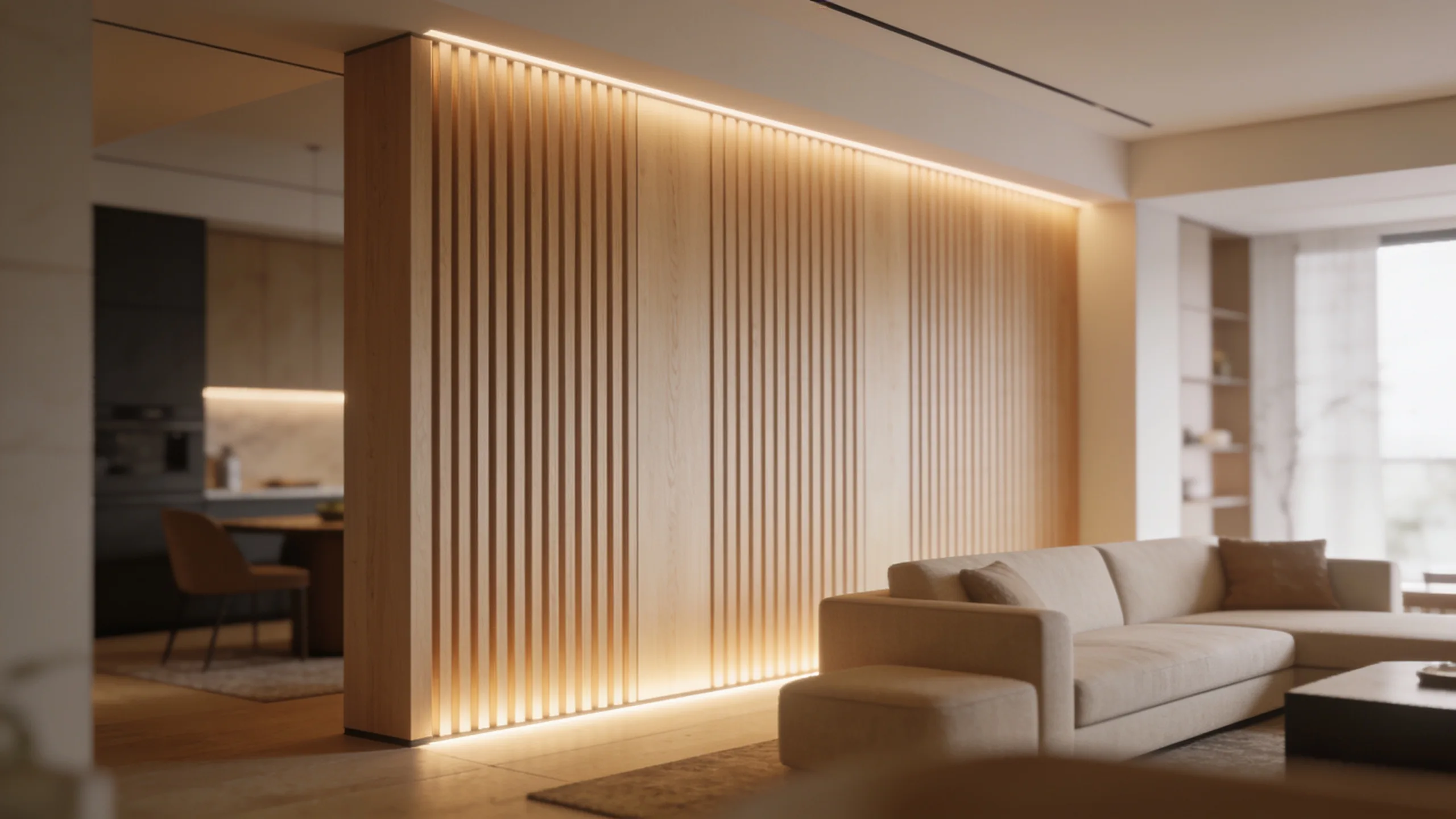 Full-height oak slat wood wall panel feature wall behind a low bed in a contemporary master bedroom, finish-matched to built-in wardrobe joinery