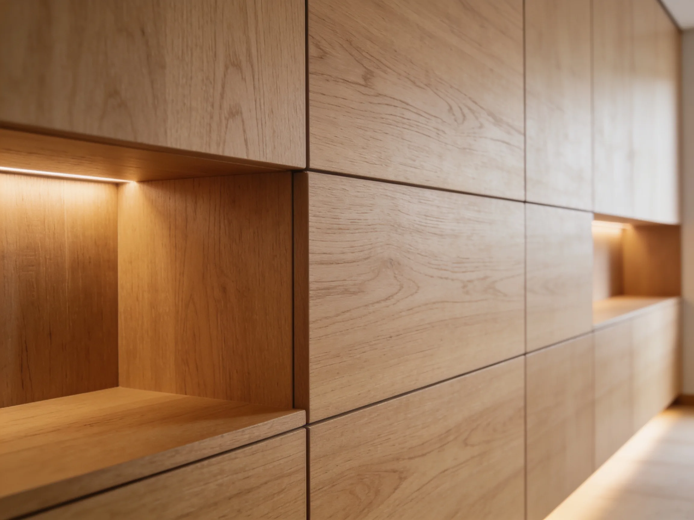 Oak slat wood wall panel feature wall continuing into matching built-in wardrobe joinery in a contemporary living space