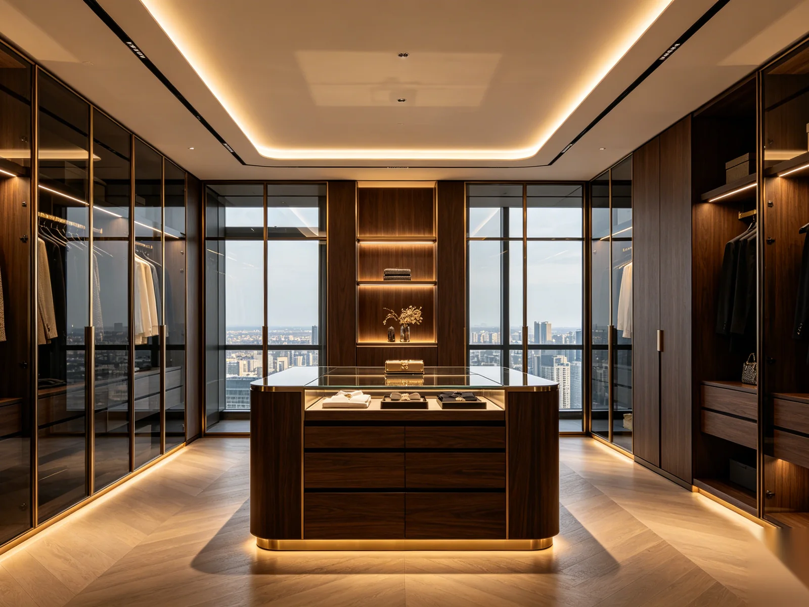 Luxury wardrobe with dark walnut cabinetry and bronze detailing