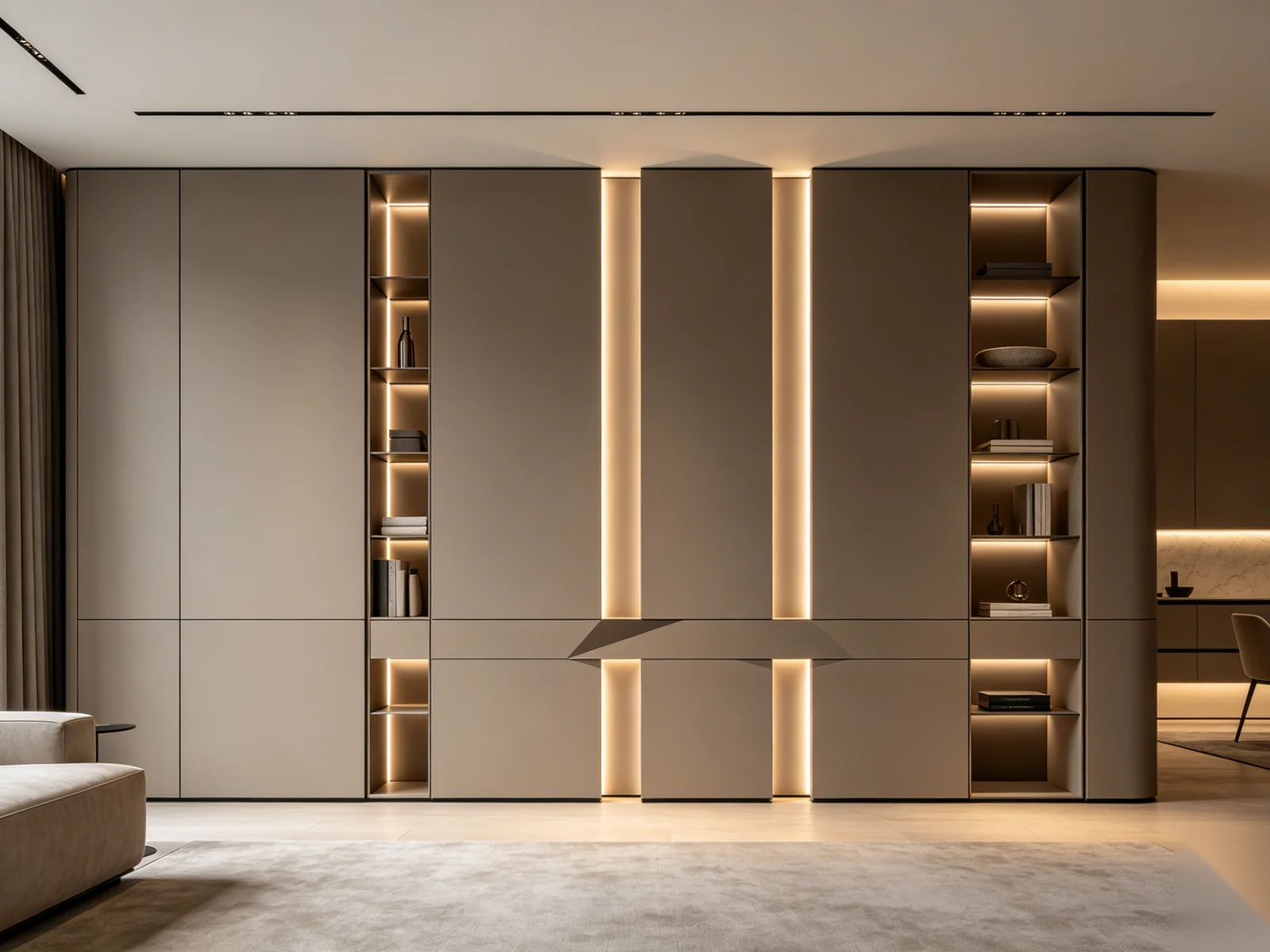 Modern wardrobe with matte taupe finish and handleless doors