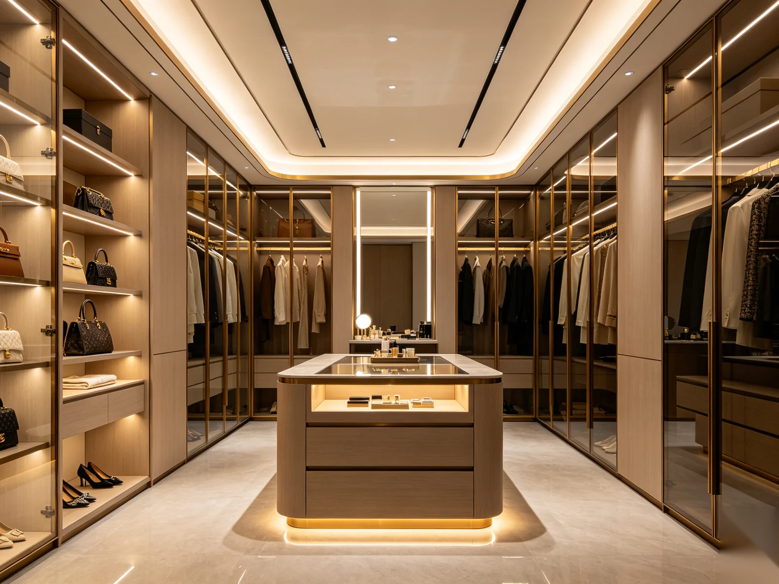 Luxury walk-in wardrobe with open organization and dressing island