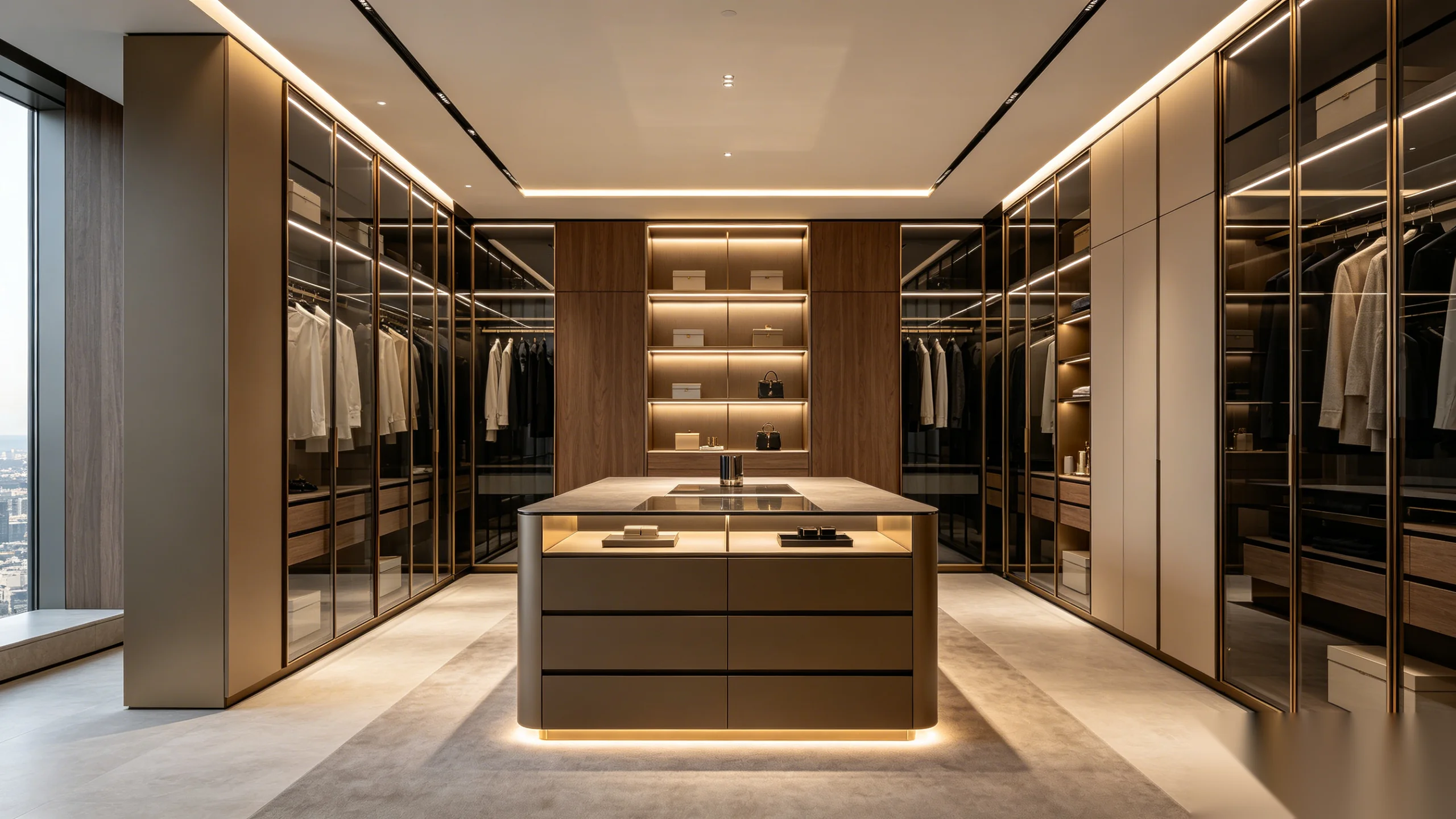Ultra-premium custom wardrobe dressing room with floor-to-ceiling dark walnut cabinetry and integrated lighting