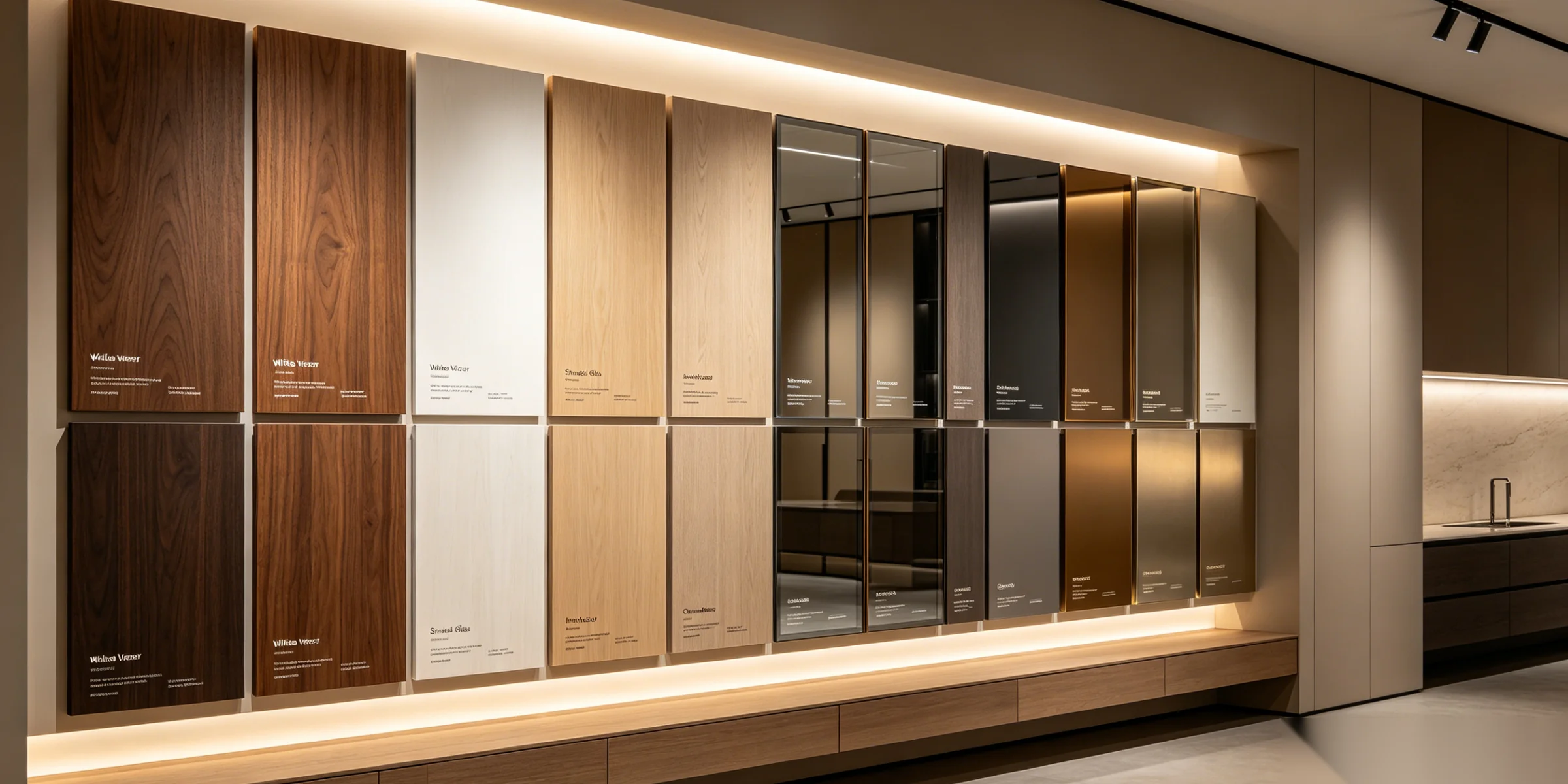Luxury wardrobe material library showing walnut veneer, smoked glass, and bronze finish samples