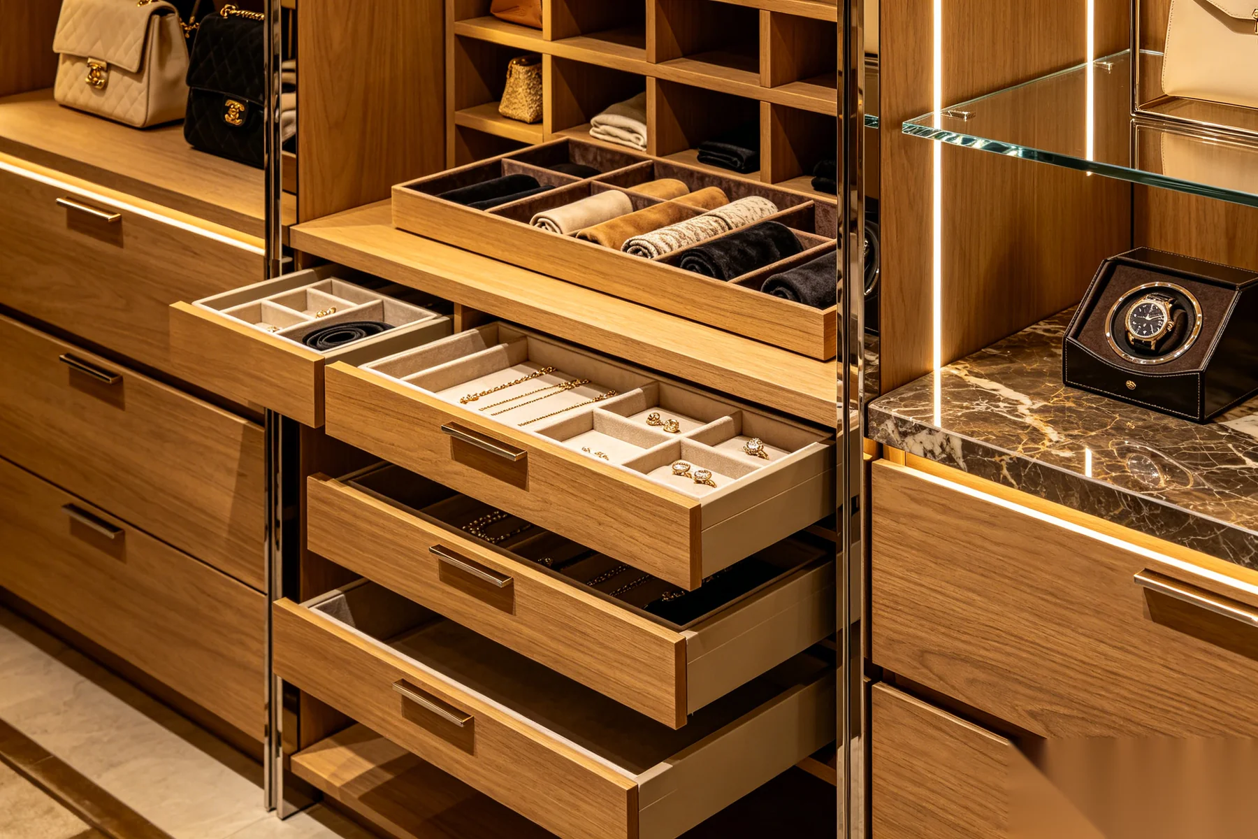 Luxury wardrobe interior with drawer systems, jewelry trays, and integrated LED lighting
