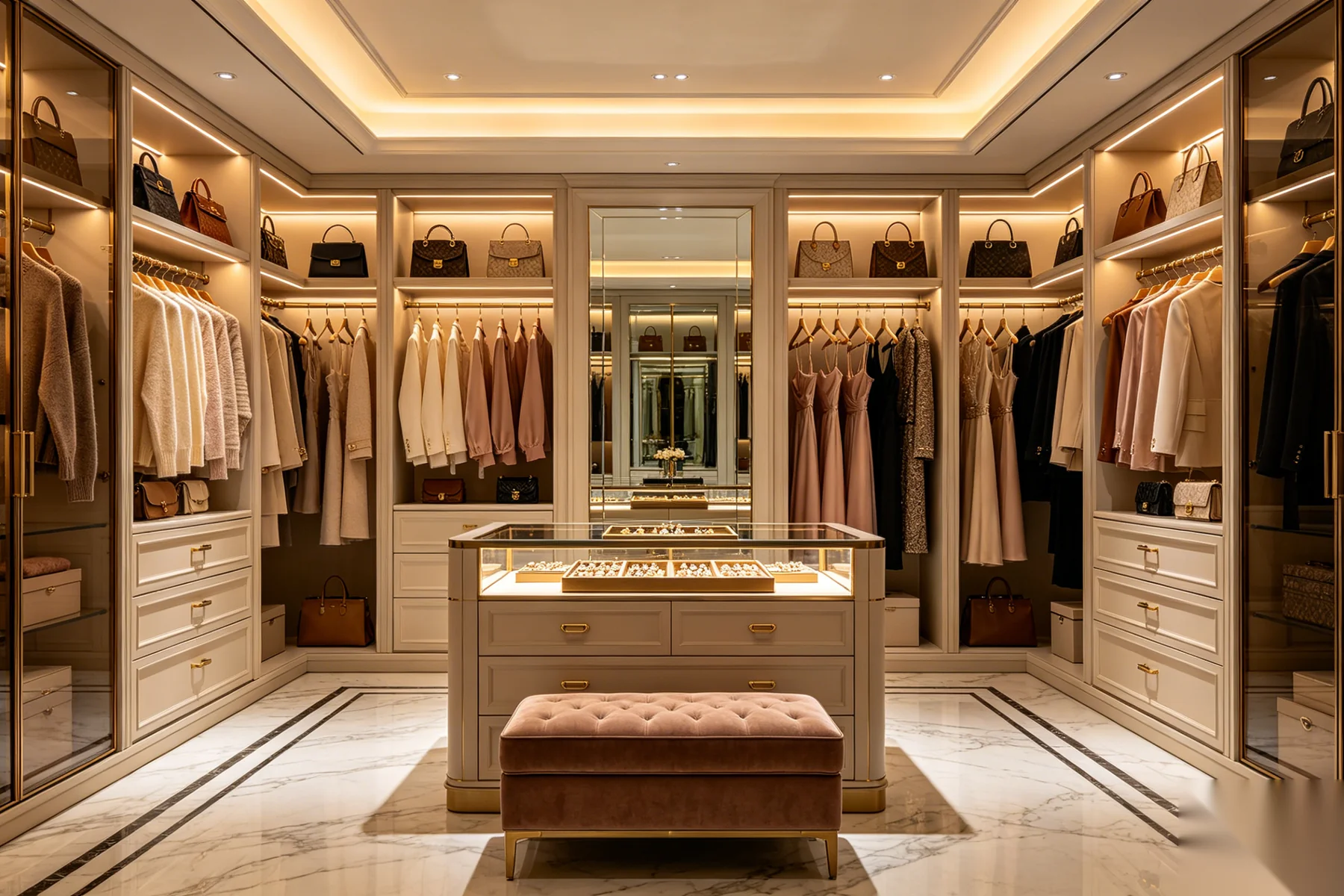 Luxury wardrobe interior detail with smoked glass shelving and integrated LED lighting