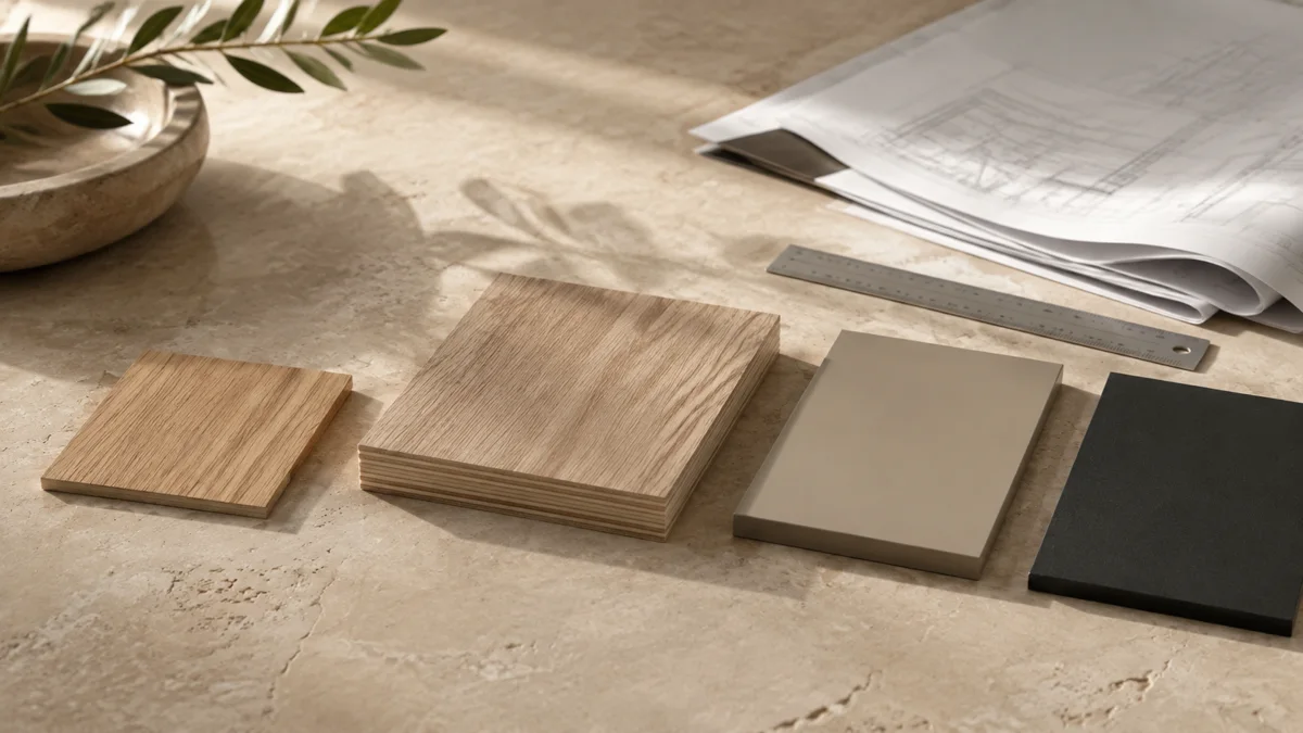 Concept arrangement of cabinet material swatches, a ruler and drawing sheets