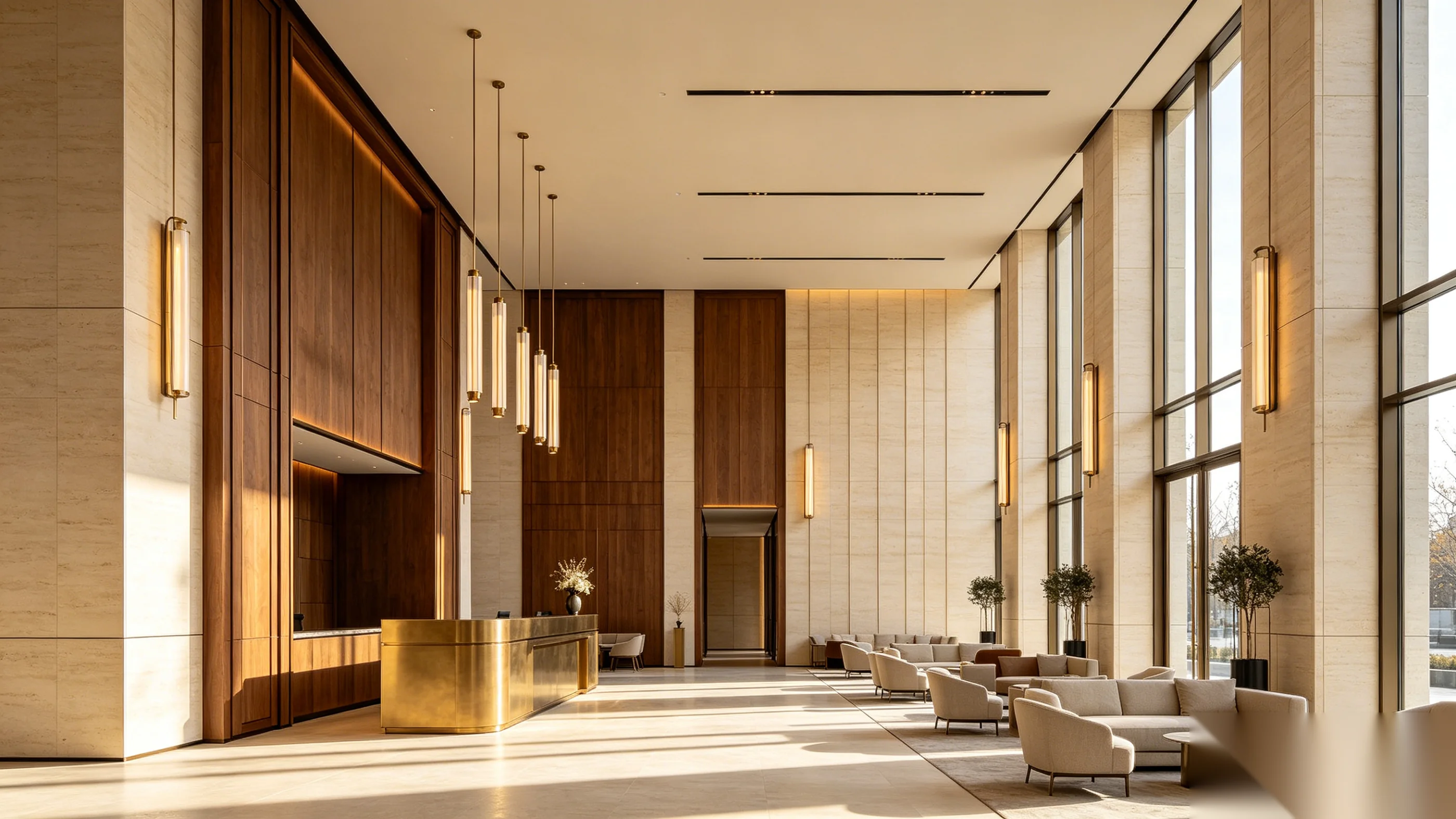 Prestigious mixed-use development interior with architectural millwork and warm limestone