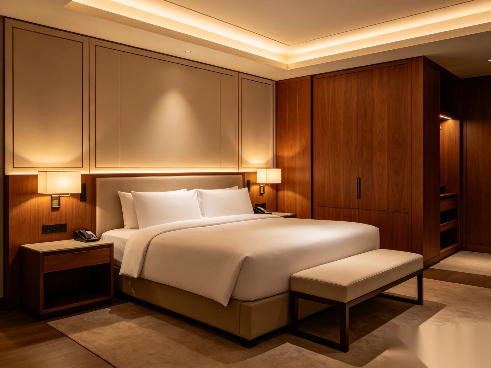 Boutique hotel guest suite with custom millwork and warm lighting