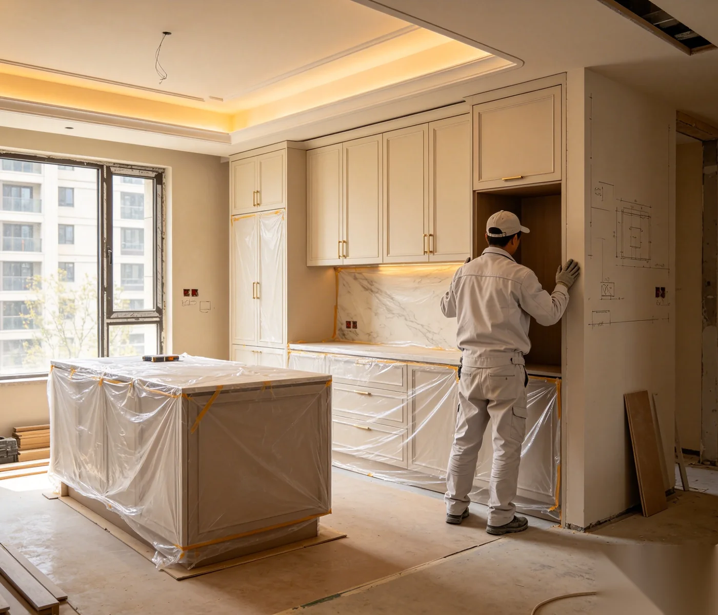 Professional on-site cabinetry installation with alignment and coordination